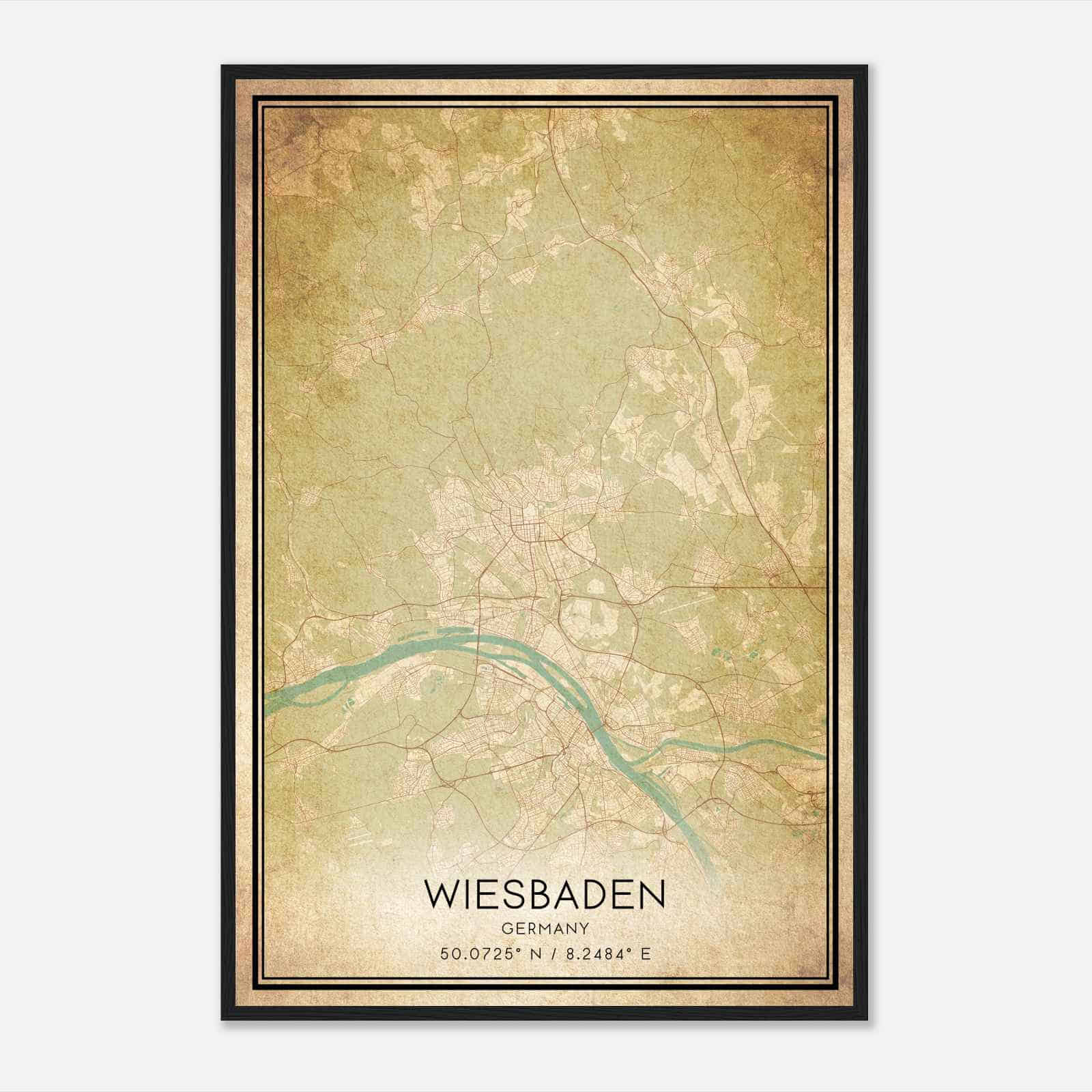 Vintage Wiesbaden Germany Map Poster, Wiesbaden City Road Wall Art Print