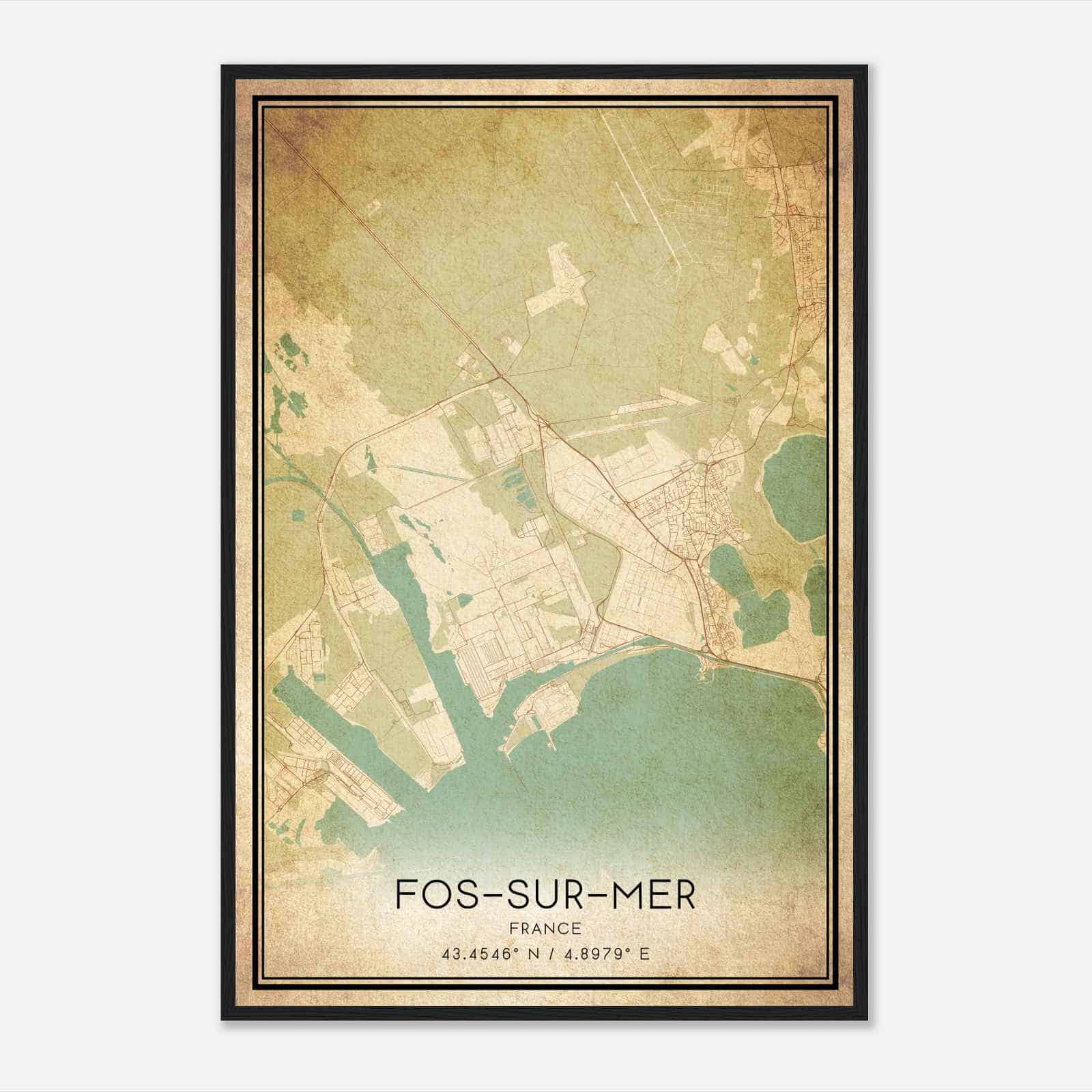 Vintage Fos-sur-Mer France Map Poster, Fos-sur-Mer City Road Wall Art Print