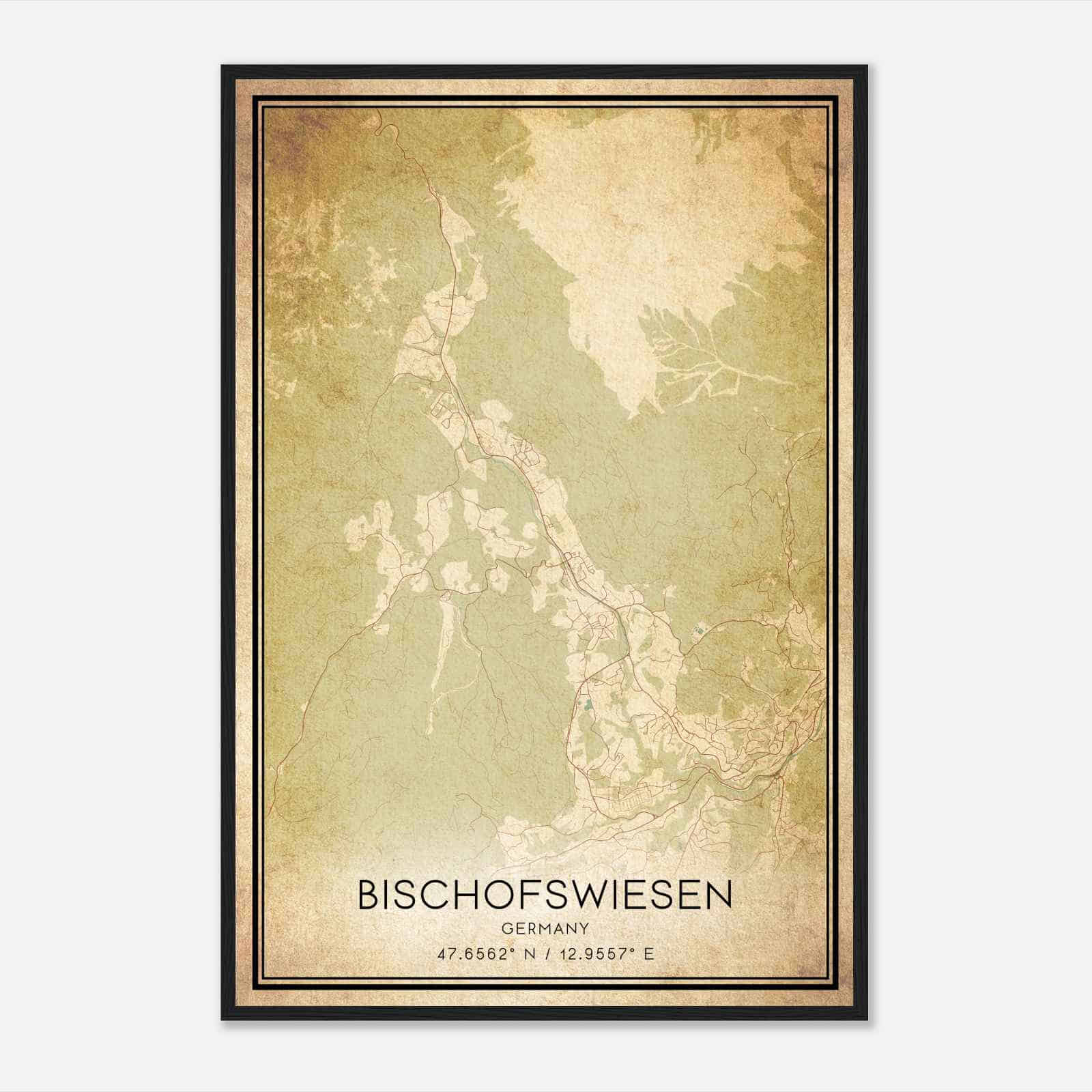 Vintage Bischofswiesen Germany Map Poster, Bischofswiesen City Road Wall Art Print