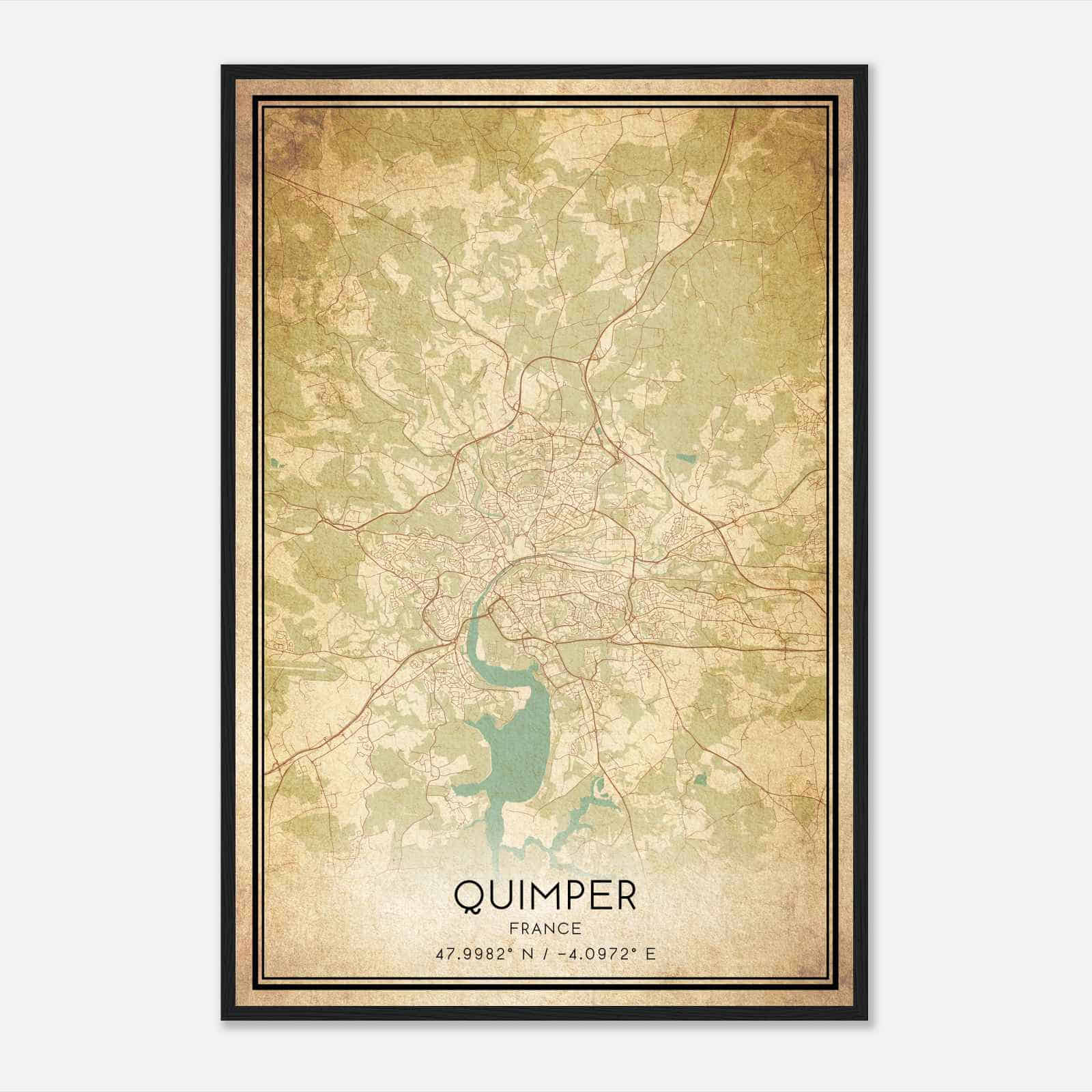 Vintage Quimper France Map Poster, Quimper City Road Wall Art Print