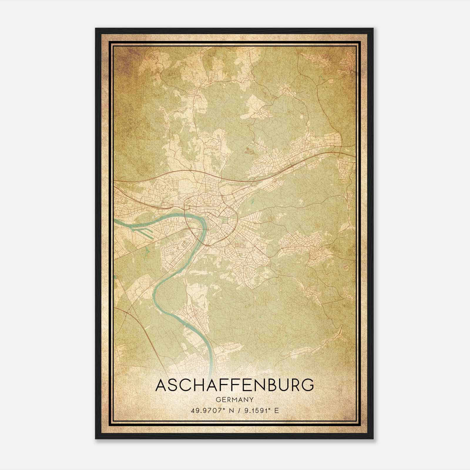 Vintage Aschaffenburg Germany Map Poster, Aschaffenburg City Road Wall Art Print