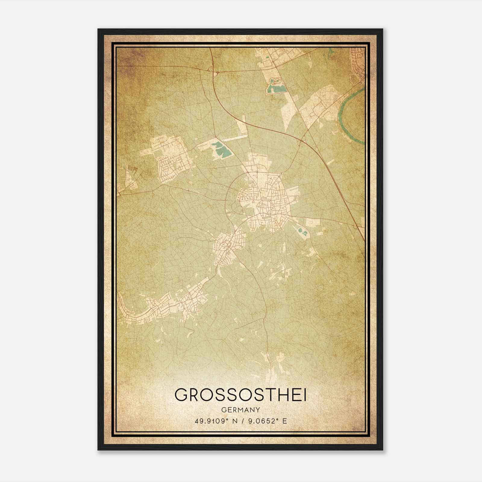 Vintage Grossostheim Germany Map Poster, Grossostheim City Road Wall Art Print