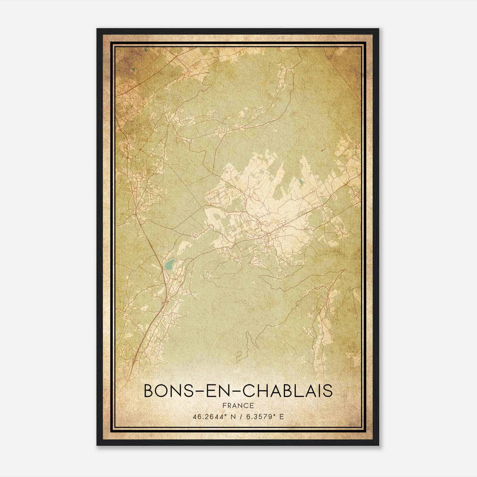 Vintage Bons-en-Chablais France Map Poster, Bons-en-Chablais City Road Wall Art Print