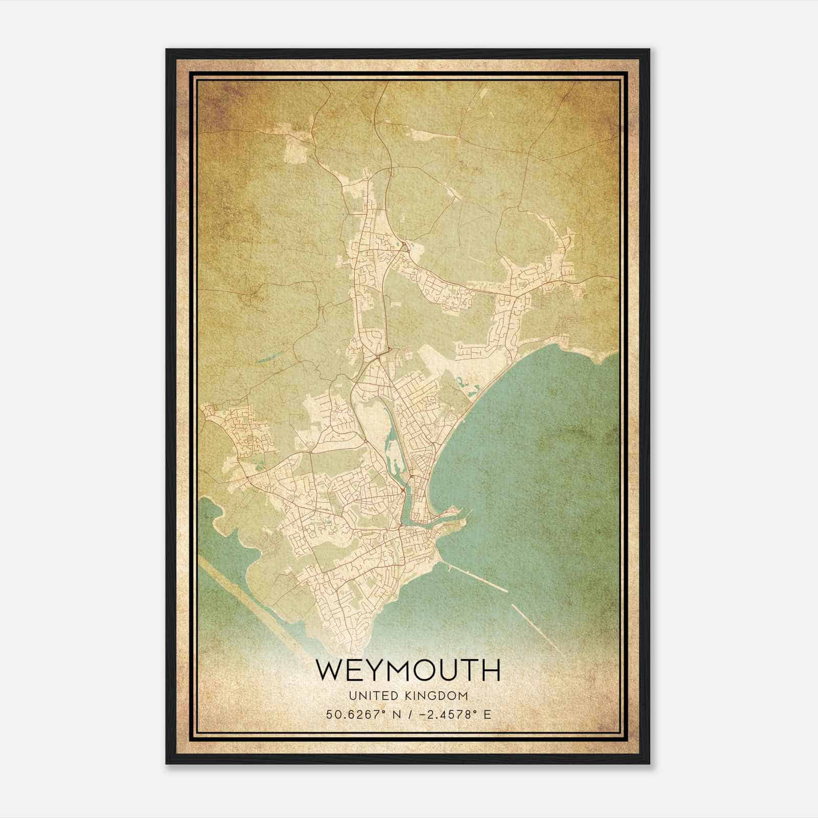 Vintage Weymouth United Kingdom Map Poster, Weymouth City Road Wall Art Print