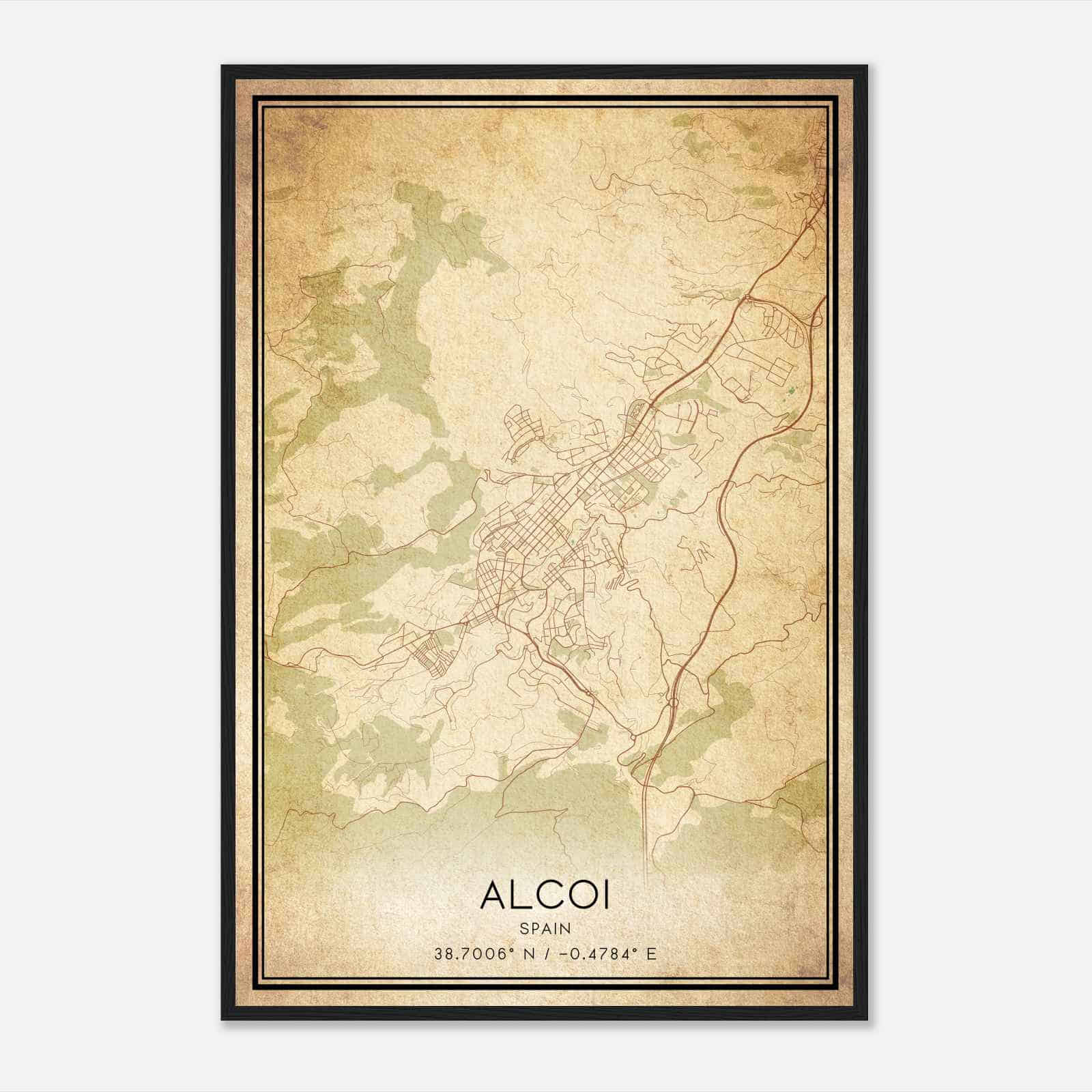 Vintage Alcoy Spain Map Poster, Alcoy City Road Wall Art Print