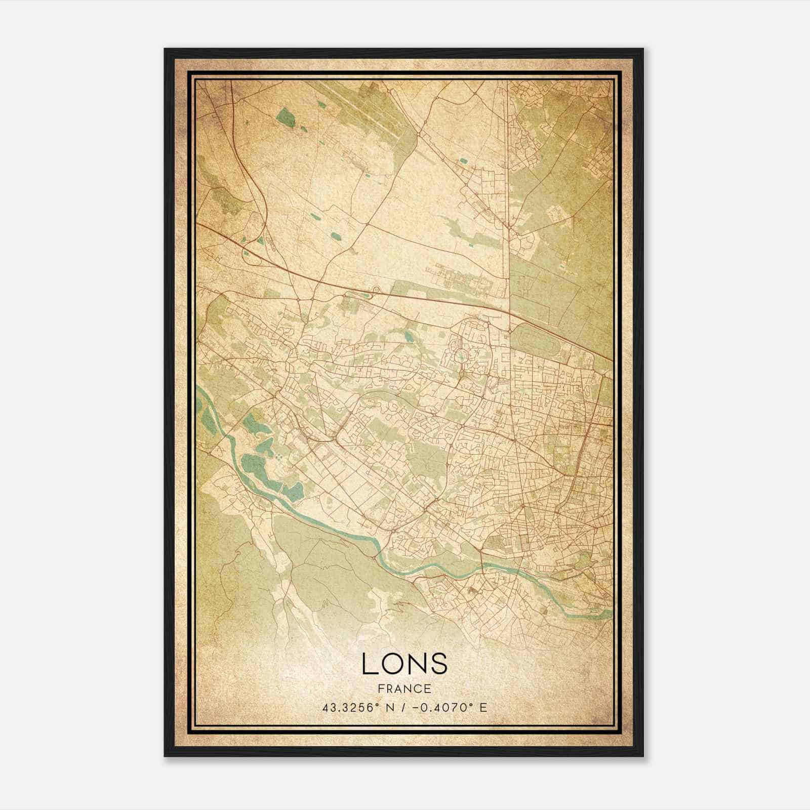 Vintage Lons France Map Poster, Lons City Road Wall Art Print