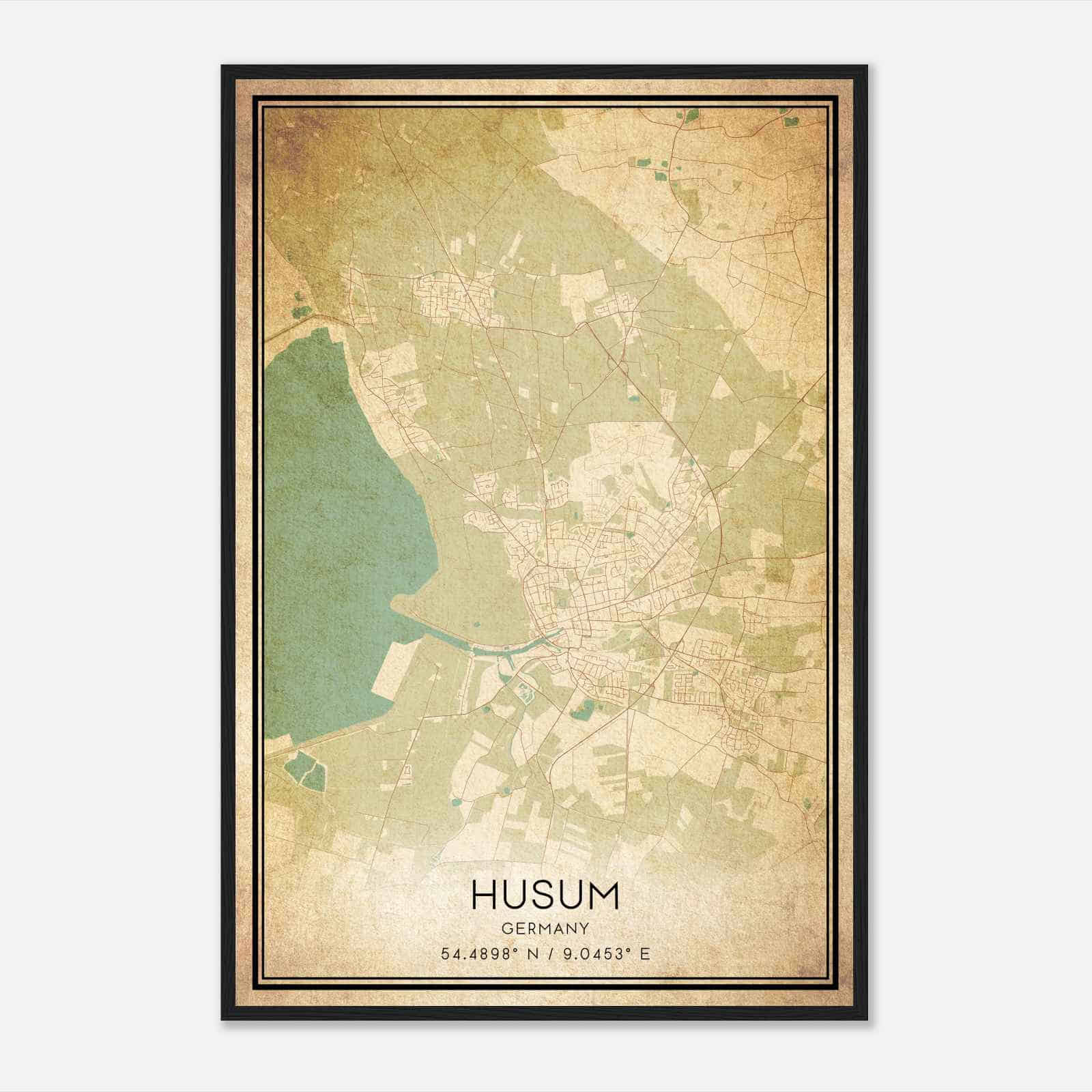Vintage Husum Germany Map Poster, Husum City Road Wall Art Print
