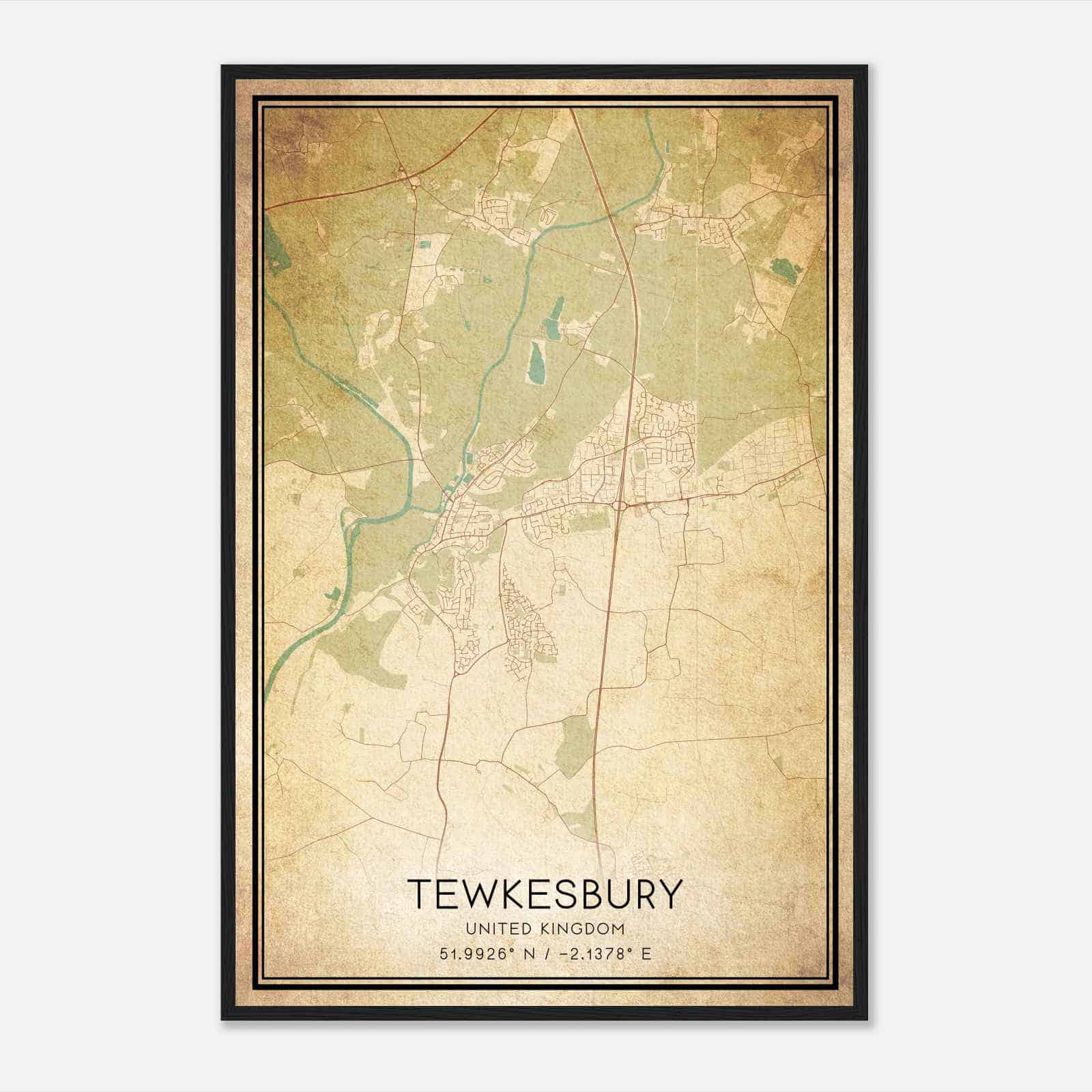 Vintage Tewkesbury United Kingdom Map Poster, Tewkesbury City Road Wall Art Print