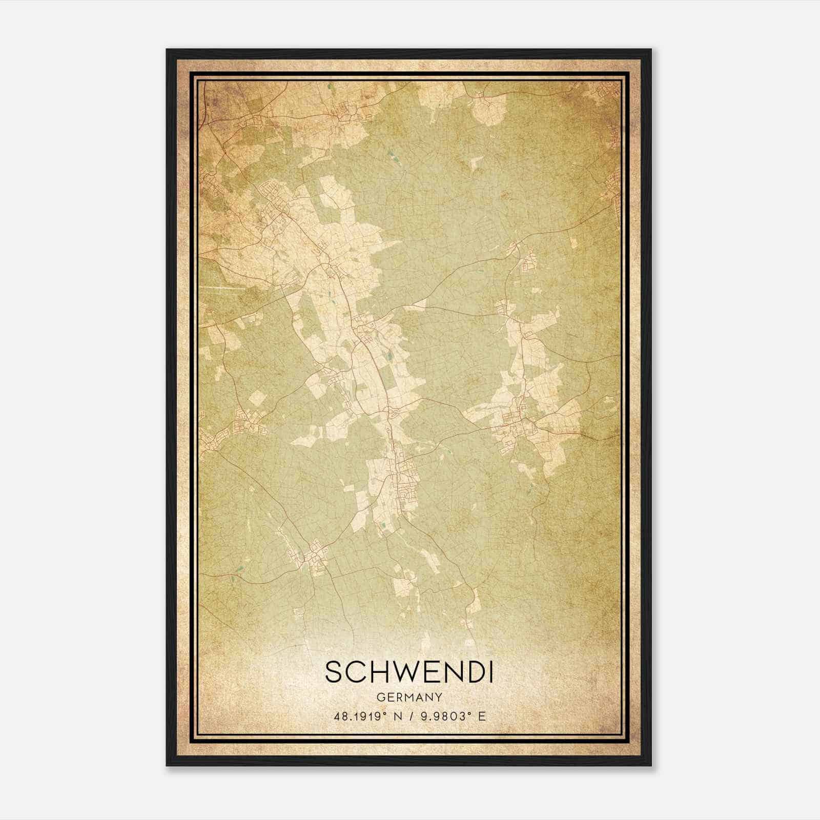 Vintage Schwendi Germany Map Poster, Schwendi City Road Wall Art Print