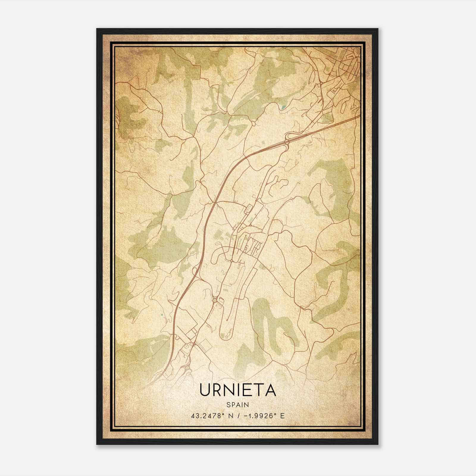 Vintage Urnieta Spain Map Poster, Urnieta City Road Wall Art Print