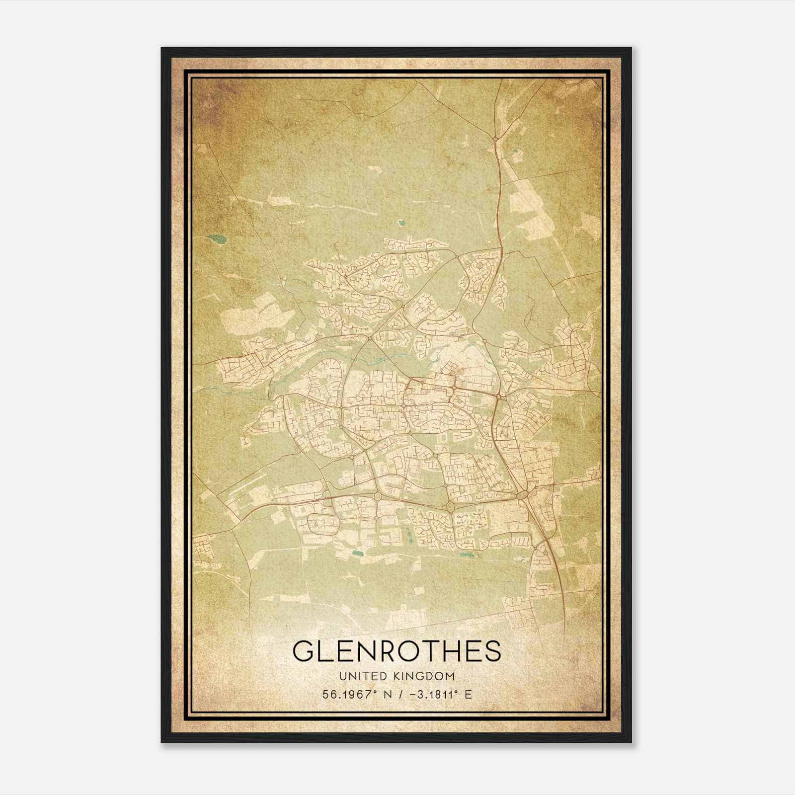 Vintage Glenrothes United Kingdom Map Poster, Glenrothes City Road Wall Art Print