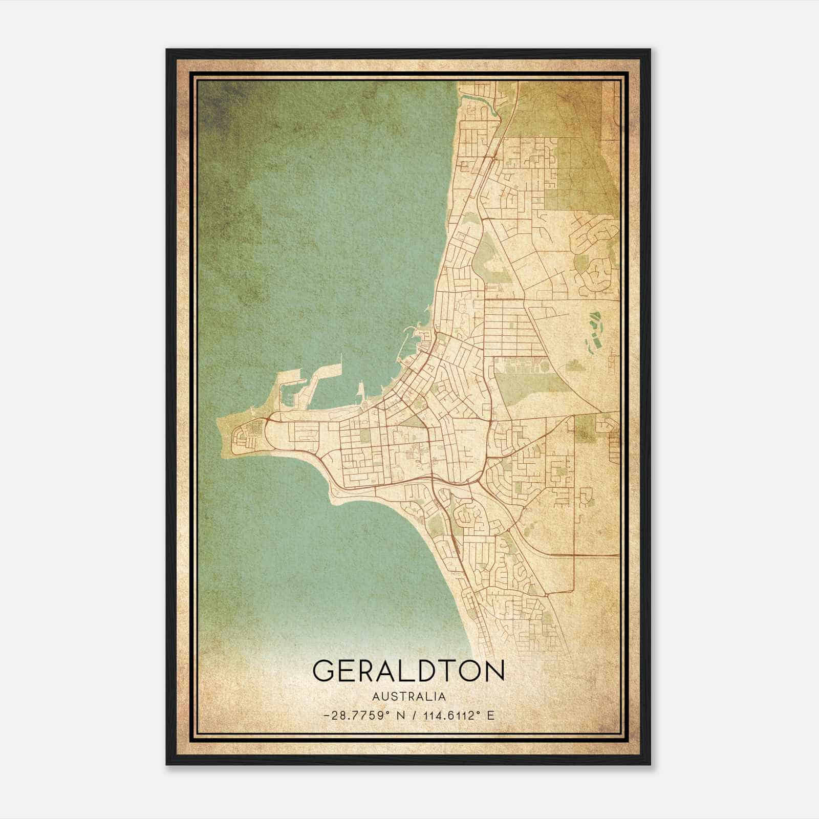 Vintage Geraldton Australia Map Poster, Geraldton City Road Wall Art Print