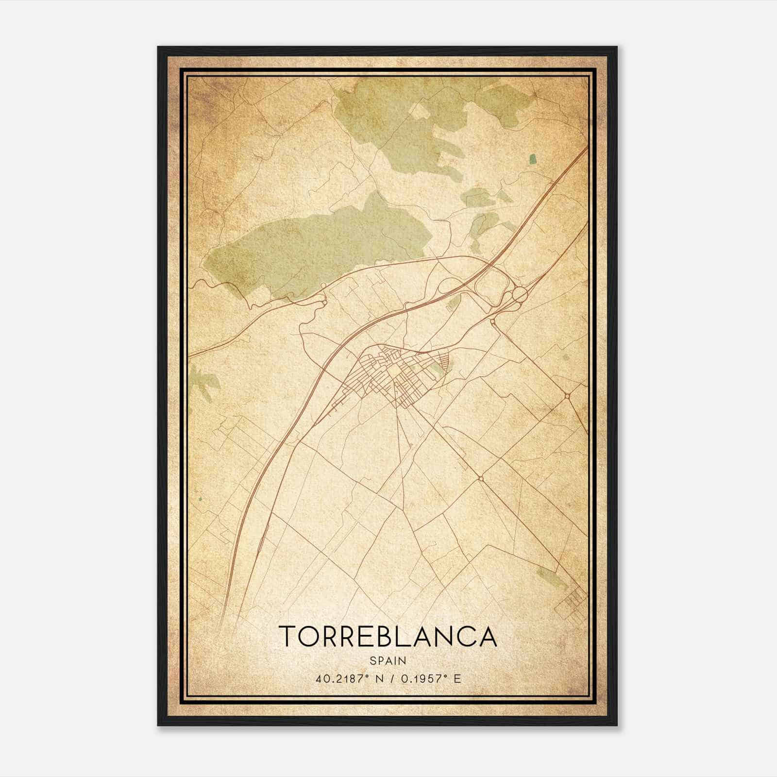 Vintage Torreblanca Spain Map Poster, Torreblanca City Road Wall Art Print