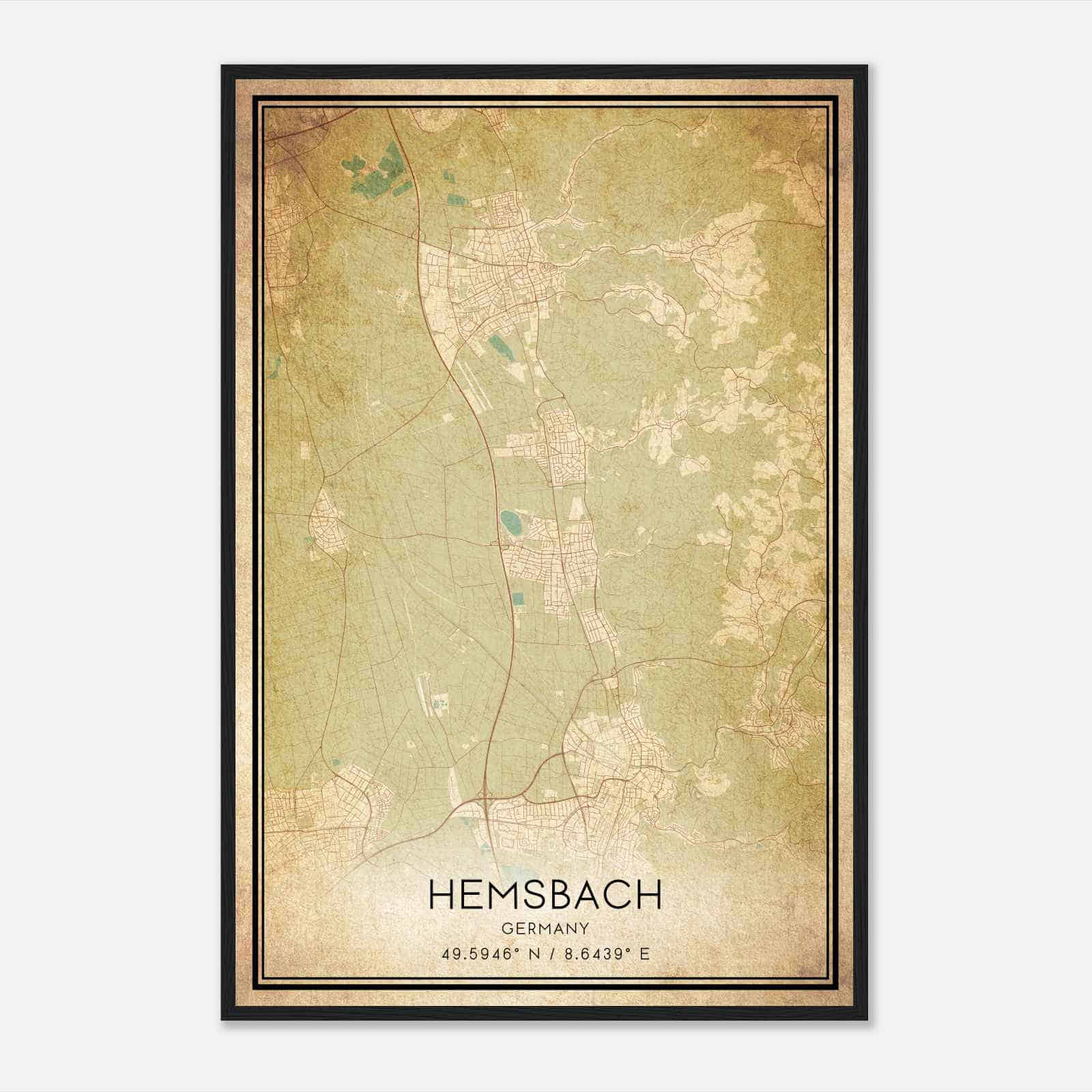 Vintage Hemsbach Germany Map Poster, Hemsbach City Road Wall Art Print