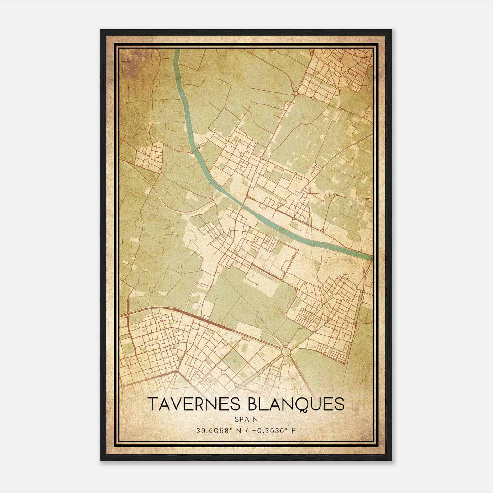 Vintage Tabernes Blanques Spain Map Poster, Tabernes Blanques City Road Wall Art Print