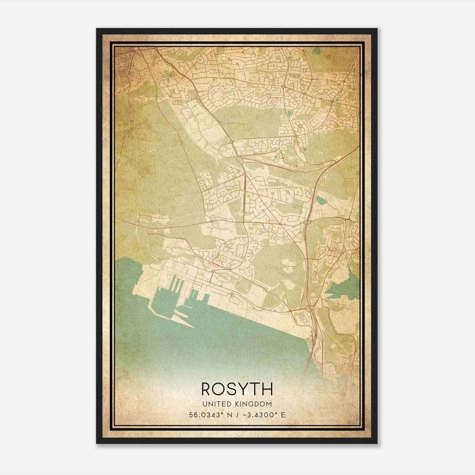 Vintage Rosyth United Kingdom Map Poster, Rosyth City Road Wall Art Print