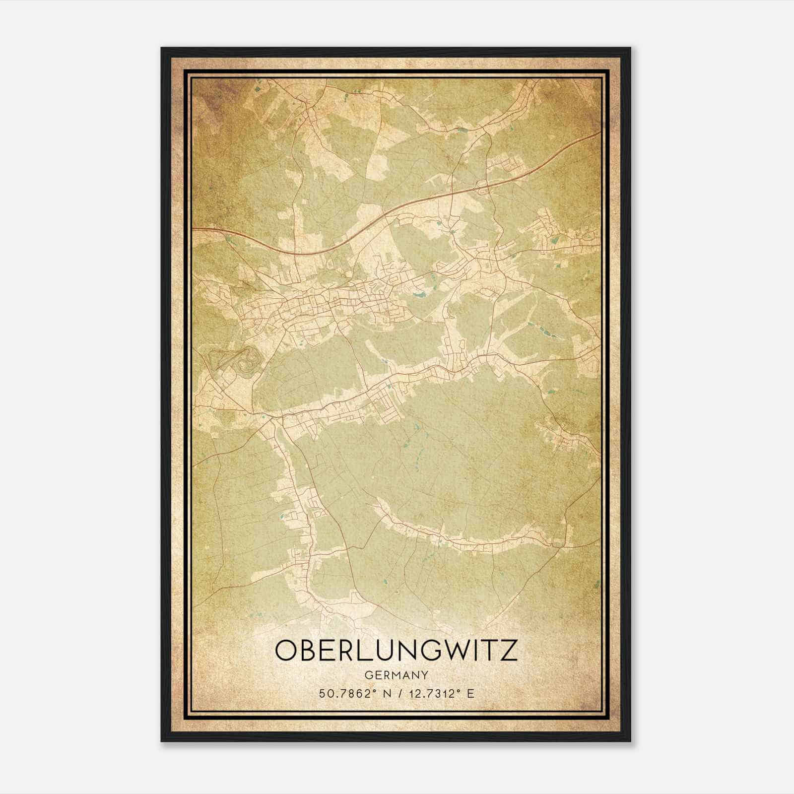 Vintage Oberlungwitz Germany Map Poster, Oberlungwitz City Road Wall Art Print