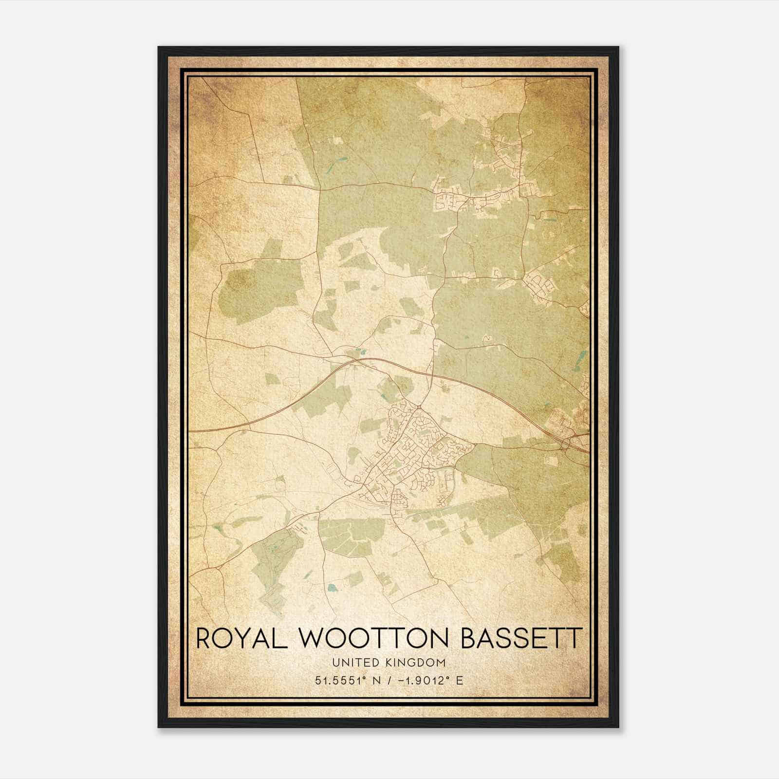 Vintage Royal Wootton Bassett United Kingdom Map Poster, Royal Wootton Bassett City Road Wall Art Print