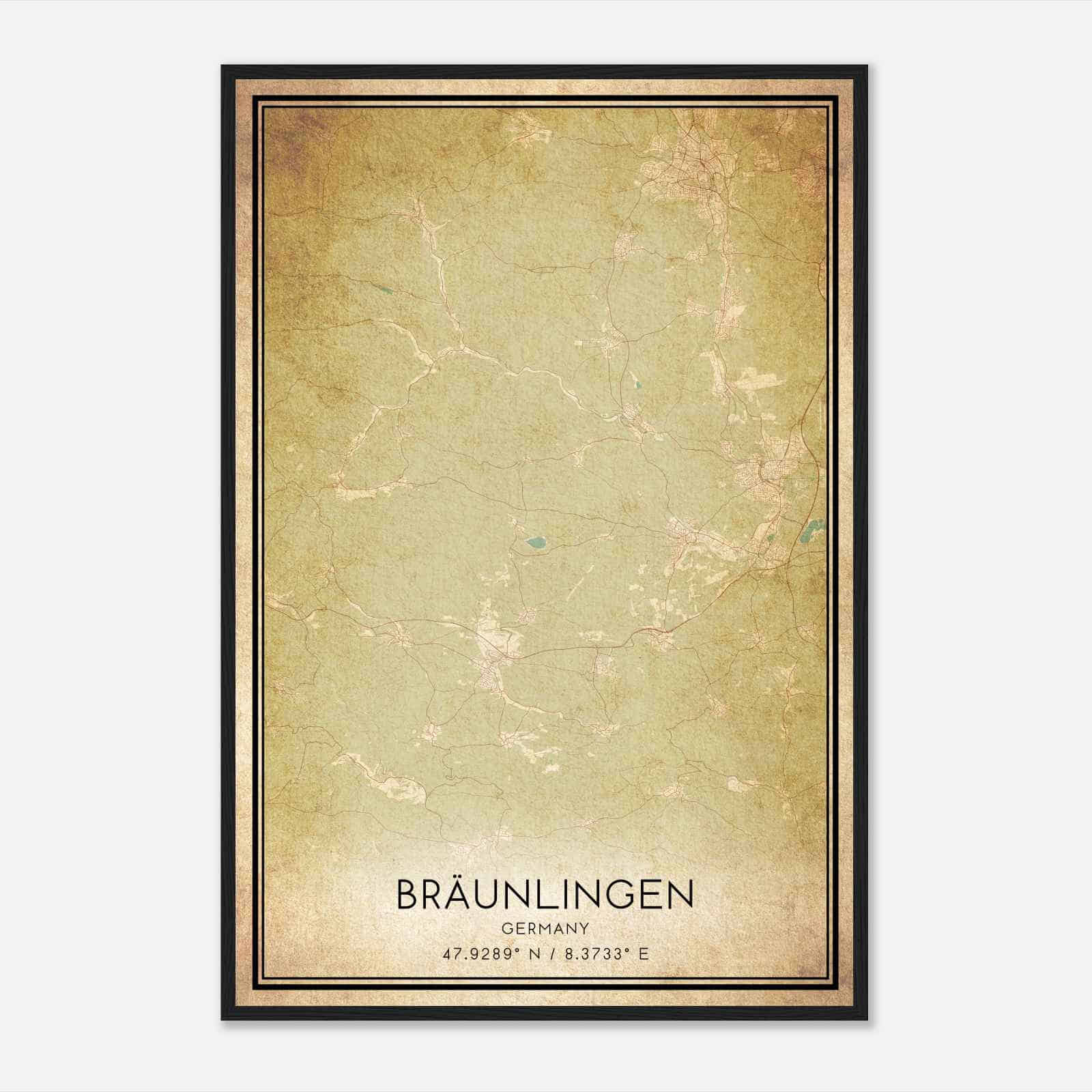Vintage Braunlingen Germany Map Poster, Braunlingen City Road Wall Art Print