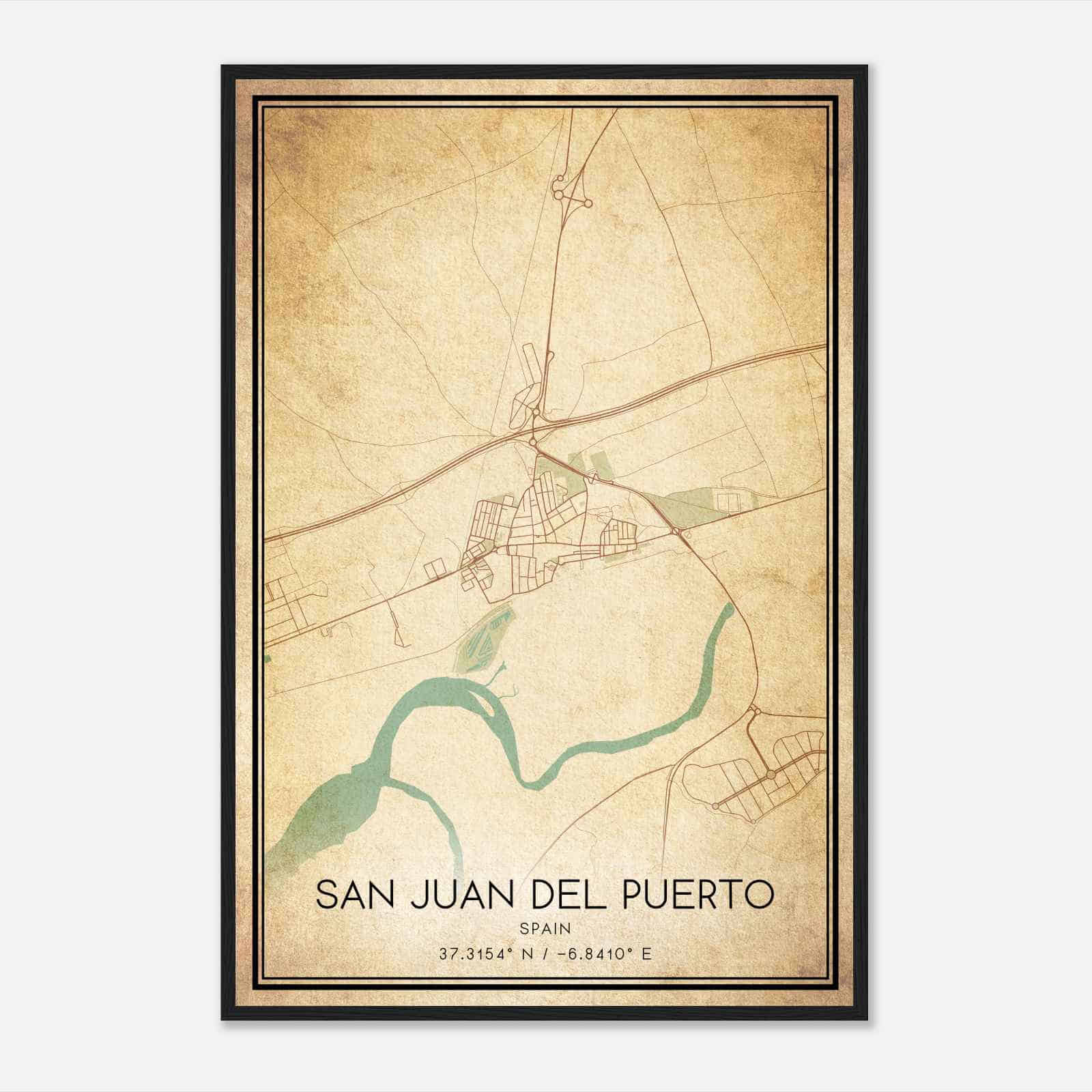 Vintage San Juan del Puerto Spain Map Poster, San Juan del Puerto City Road Wall Art Print