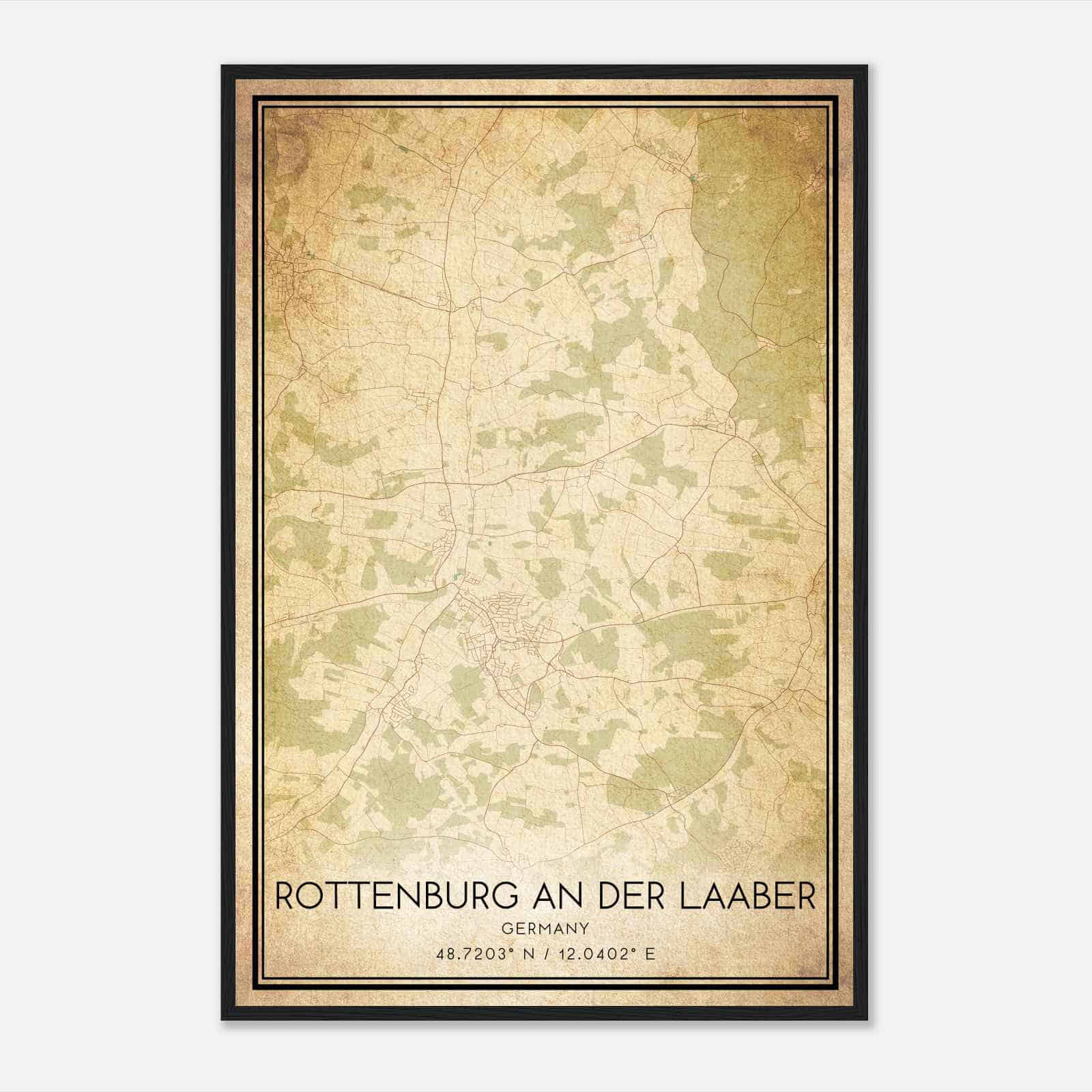 Vintage Rottenburg an der Laaber Germany Map Poster, Rottenburg an der Laaber City Road Wall Art Print