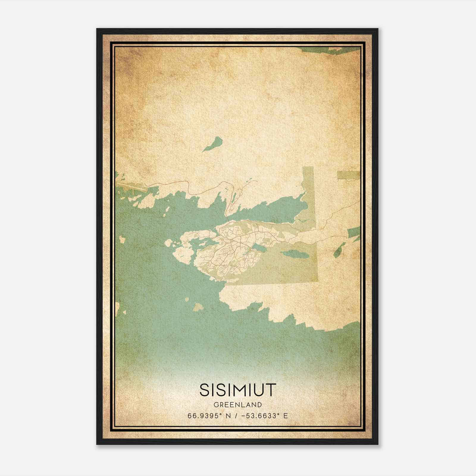 Vintage Sisimiut Greenland Map Poster, Sisimiut City Road Wall Art Print