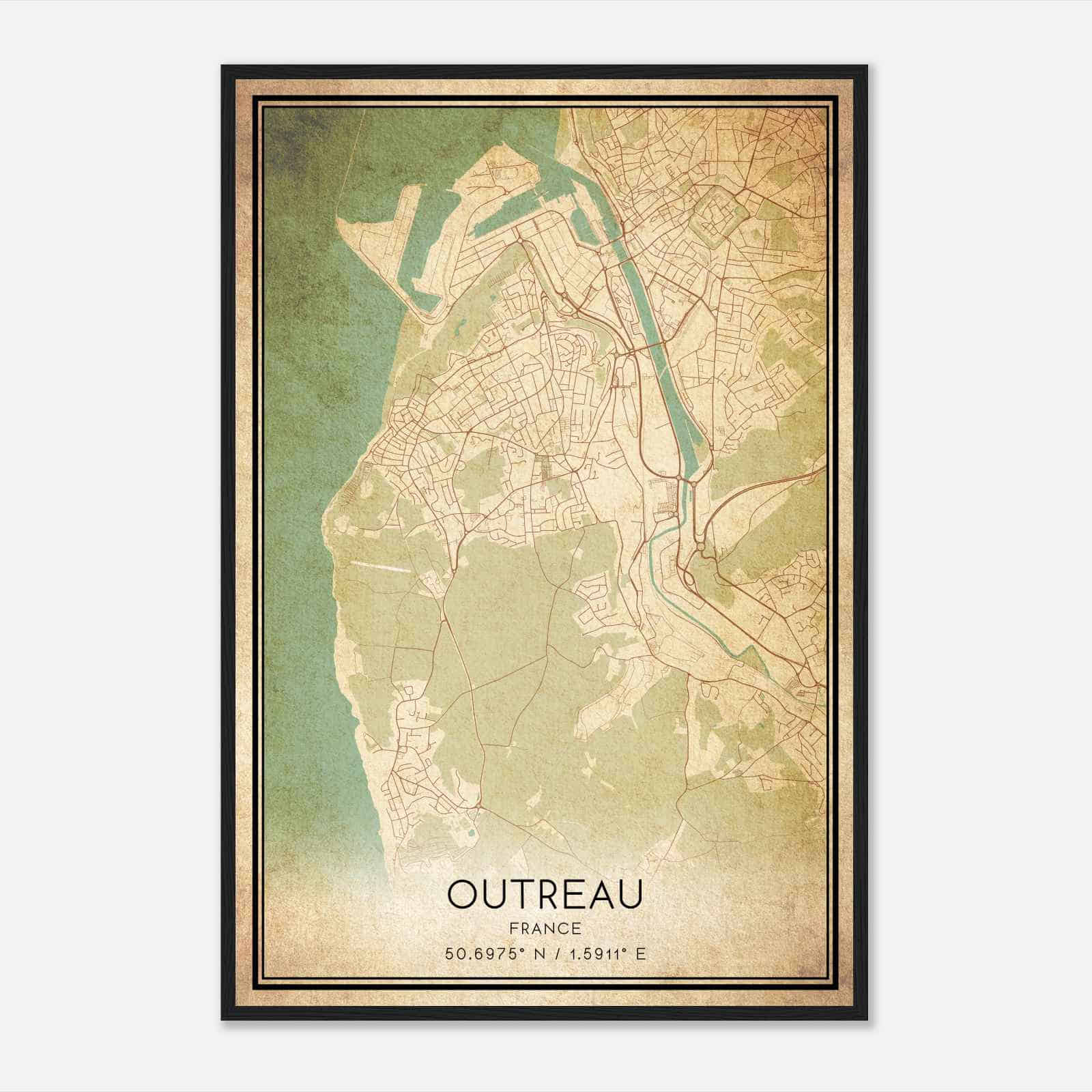 Vintage Outreau France Map Poster, Outreau City Road Wall Art Print
