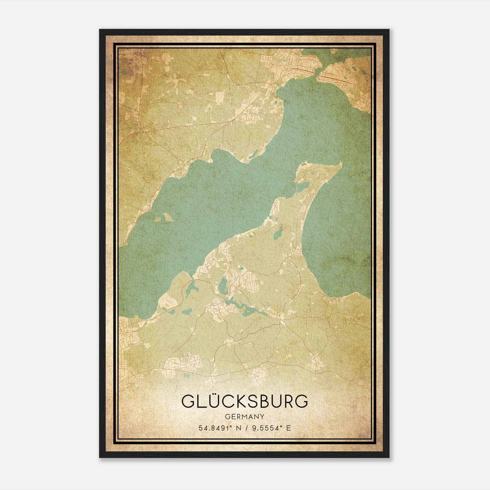 Vintage Glucksburg Germany Map Poster, Glucksburg City Road Wall Art Print