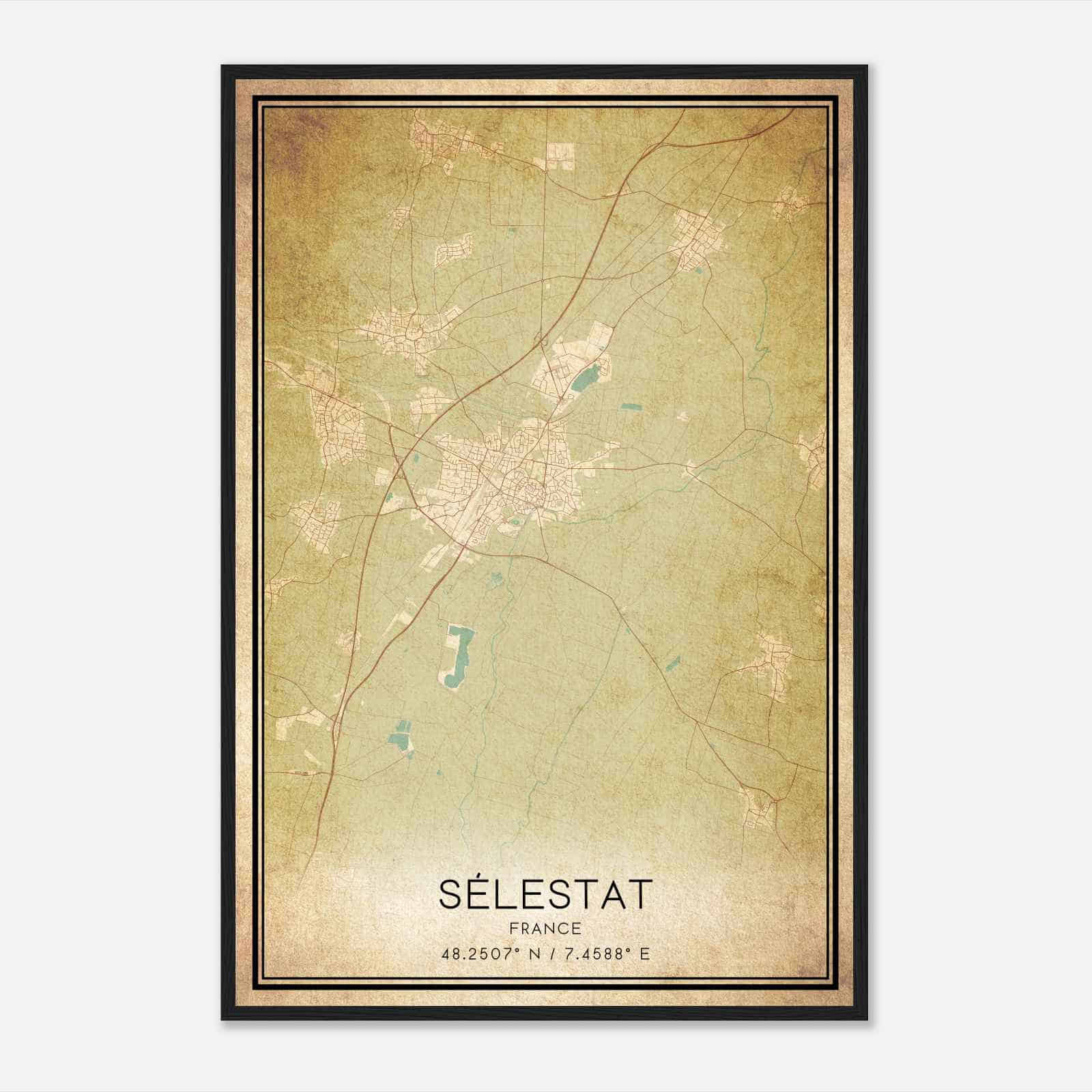 Vintage Selestat France Map Poster, Selestat City Road Wall Art Print