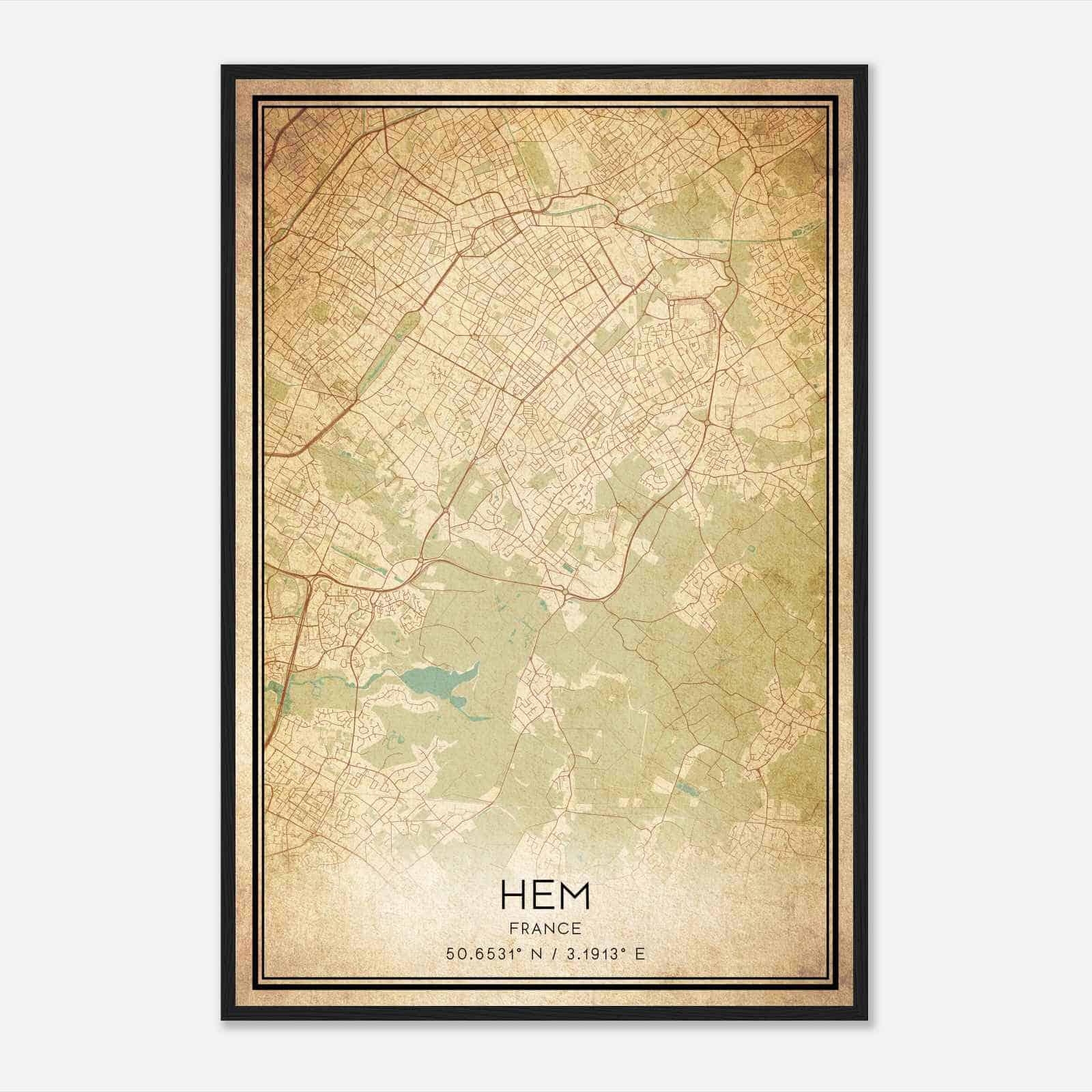 Vintage Hem France Map Poster, Hem City Road Wall Art Print