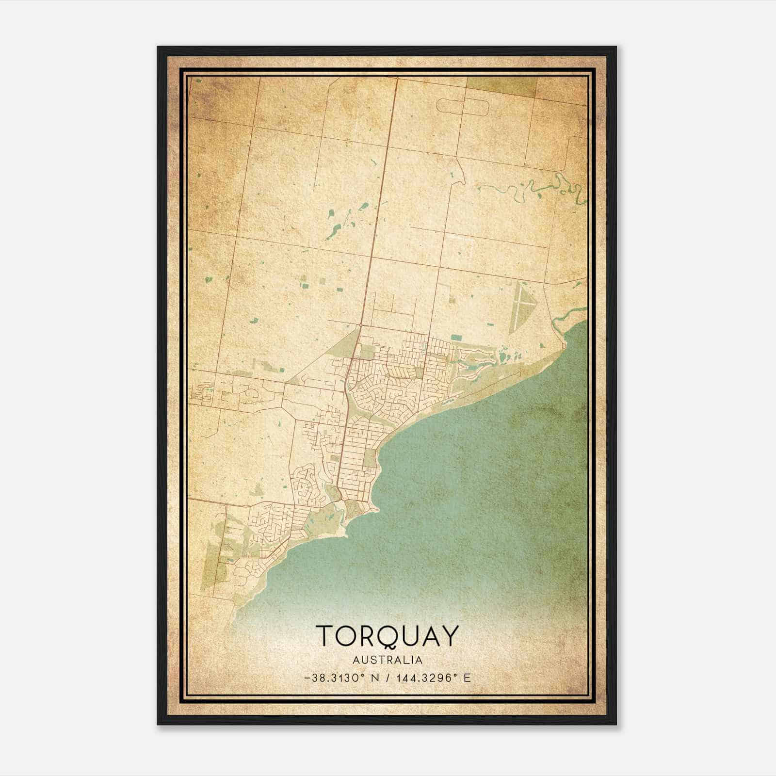 Vintage Torquay Australia Map Poster, Torquay City Road Wall Art Print