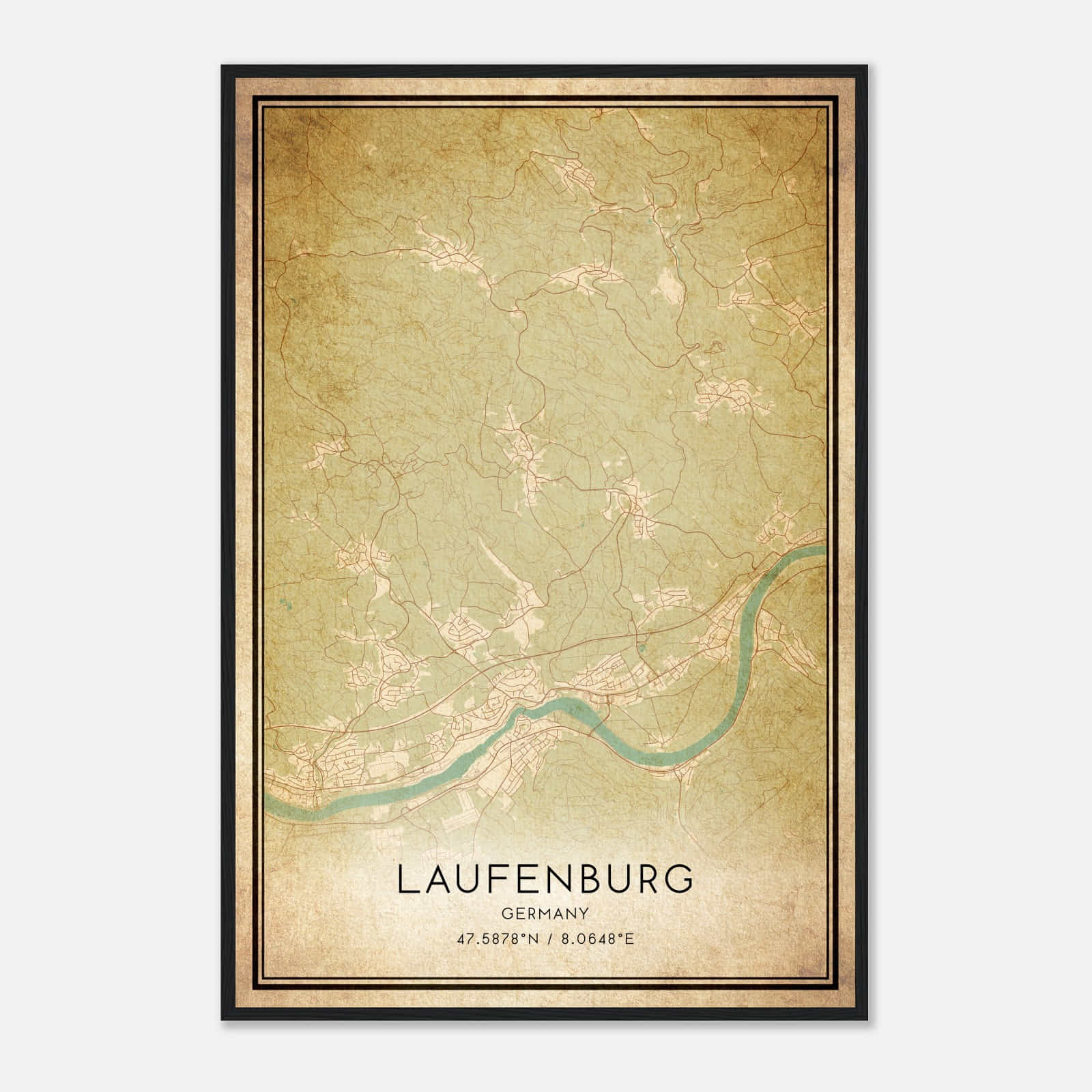 Vintage Laufenburg (Baden) Germany Map Poster, Laufenburg (Baden) City Road Wall Art Print