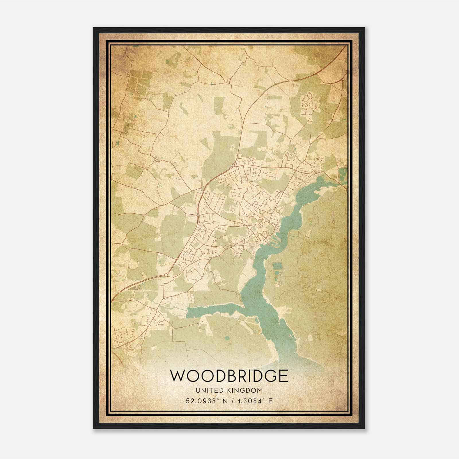 Vintage Woodbridge United Kingdom Map Poster, Woodbridge City Road Wall Art Print