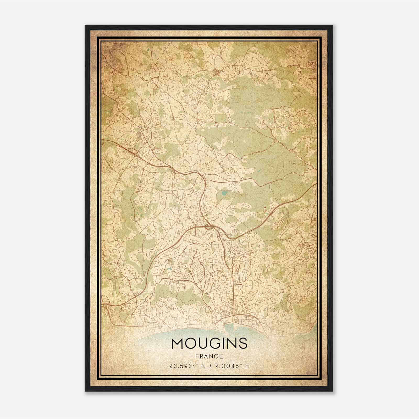 Vintage Mougins France Map Poster, Mougins City Road Wall Art Print