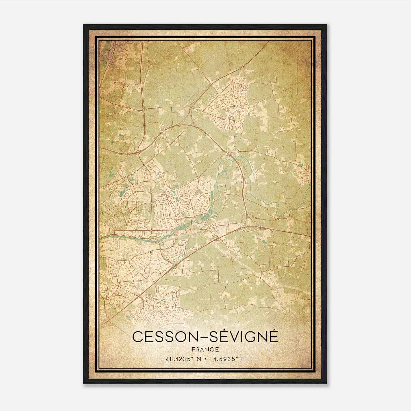 Vintage Cesson-Sevigne France Map Poster, Cesson-Sevigne City Road Wall Art Print