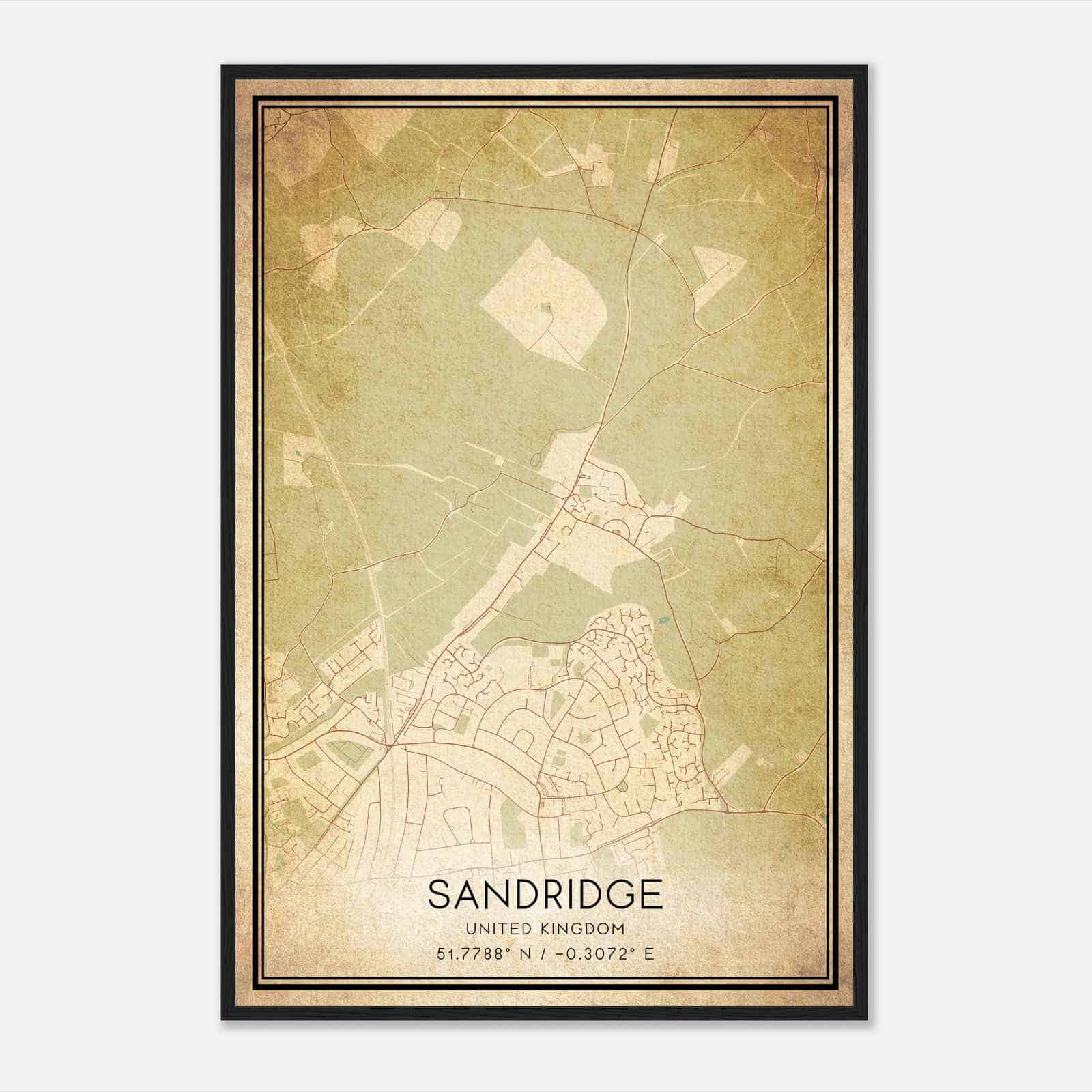 Vintage Sandridge United Kingdom Map Poster, Sandridge City Road Wall Art Print