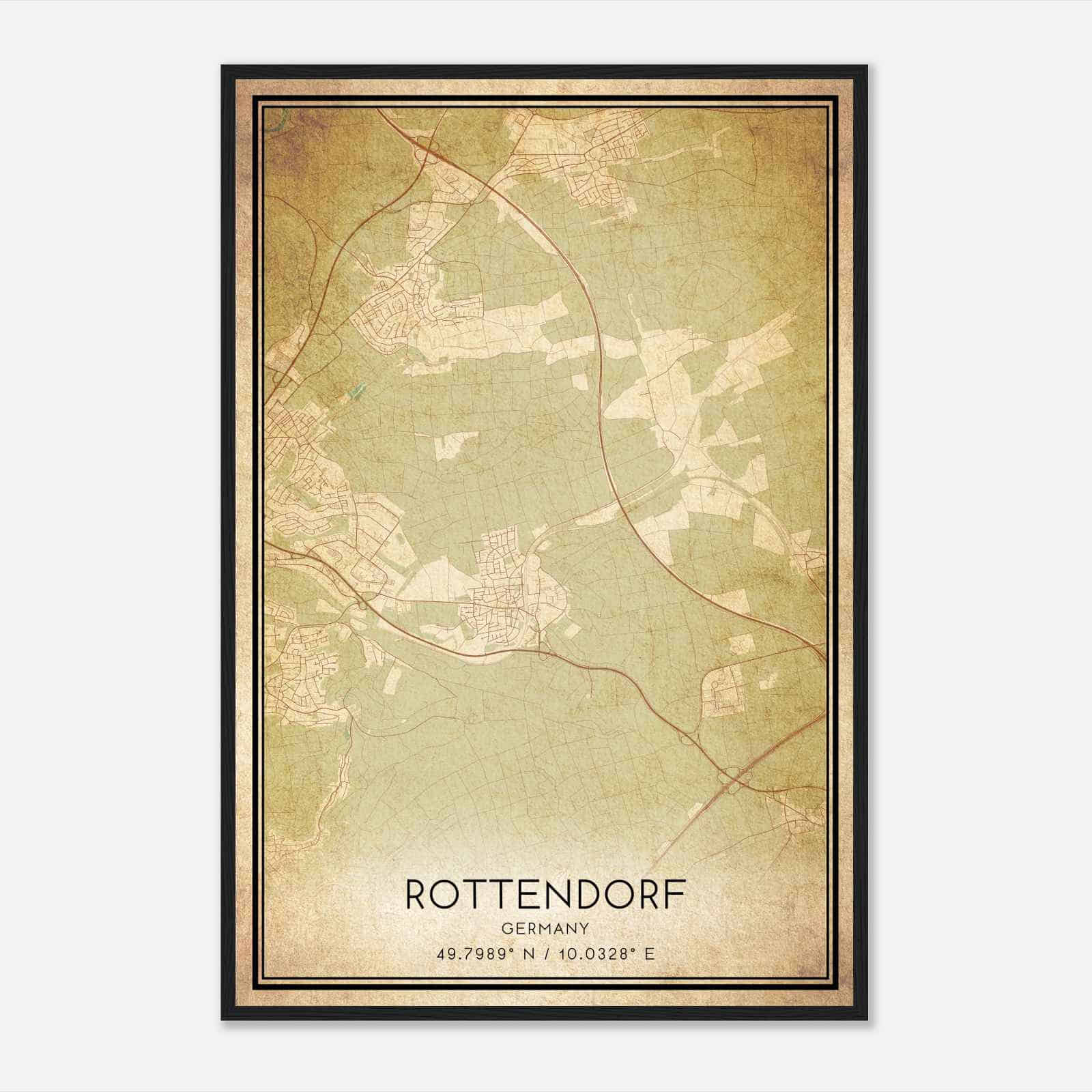 Vintage Rottendorf Germany Map Poster, Rottendorf City Road Wall Art Print