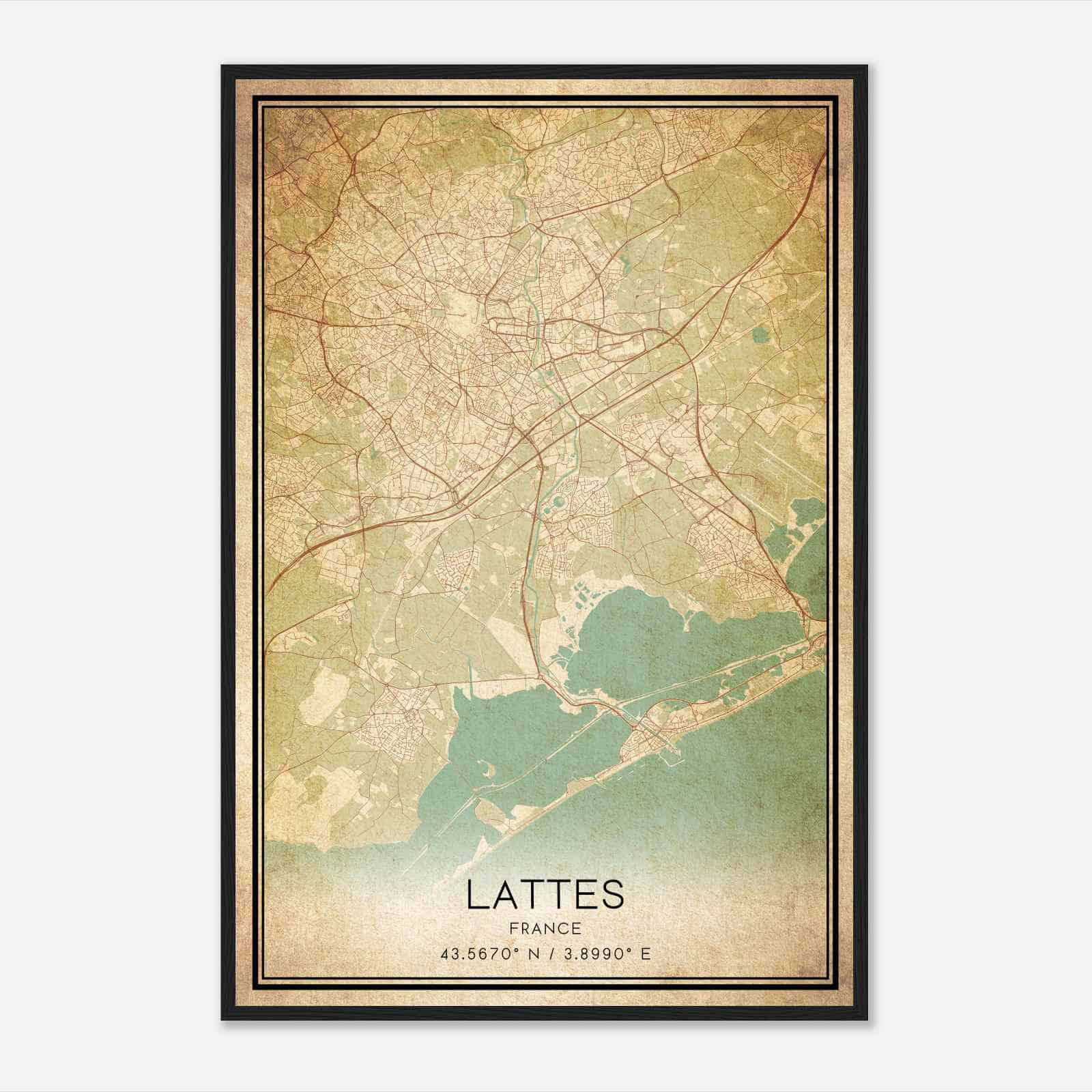 Vintage Lattes France Map Poster, Lattes City Road Wall Art Print