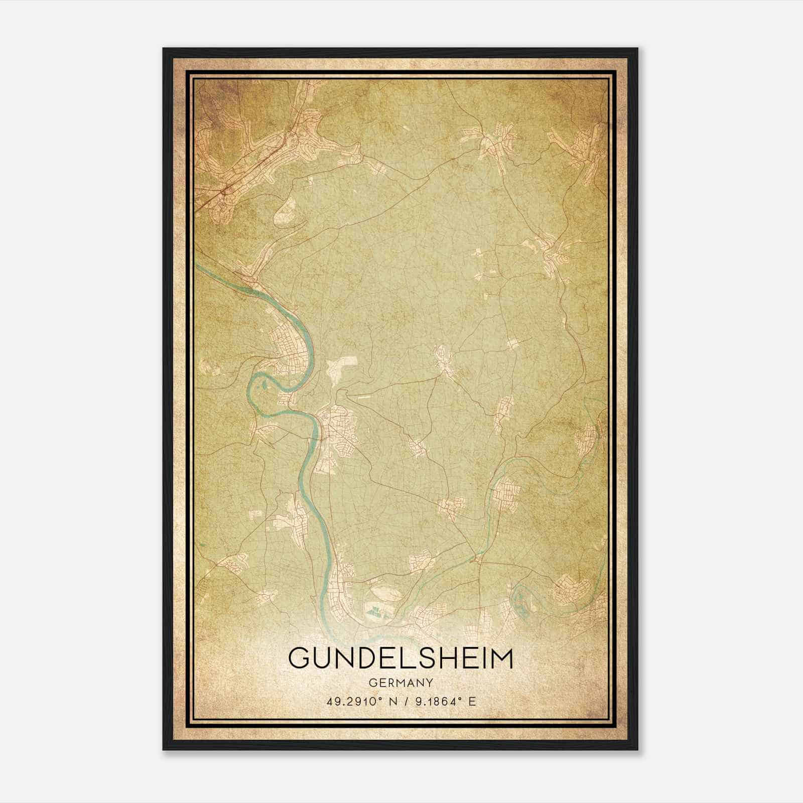 Vintage Gundelsheim Germany Map Poster, Gundelsheim City Road Wall Art Print