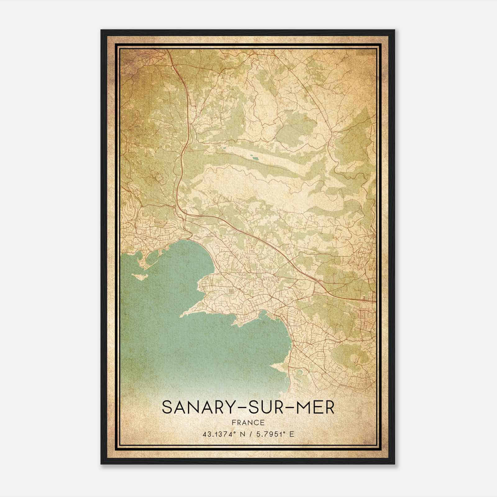 Vintage Sanary-sur-Mer France Map Poster, Sanary-sur-Mer City Road Wall Art Print