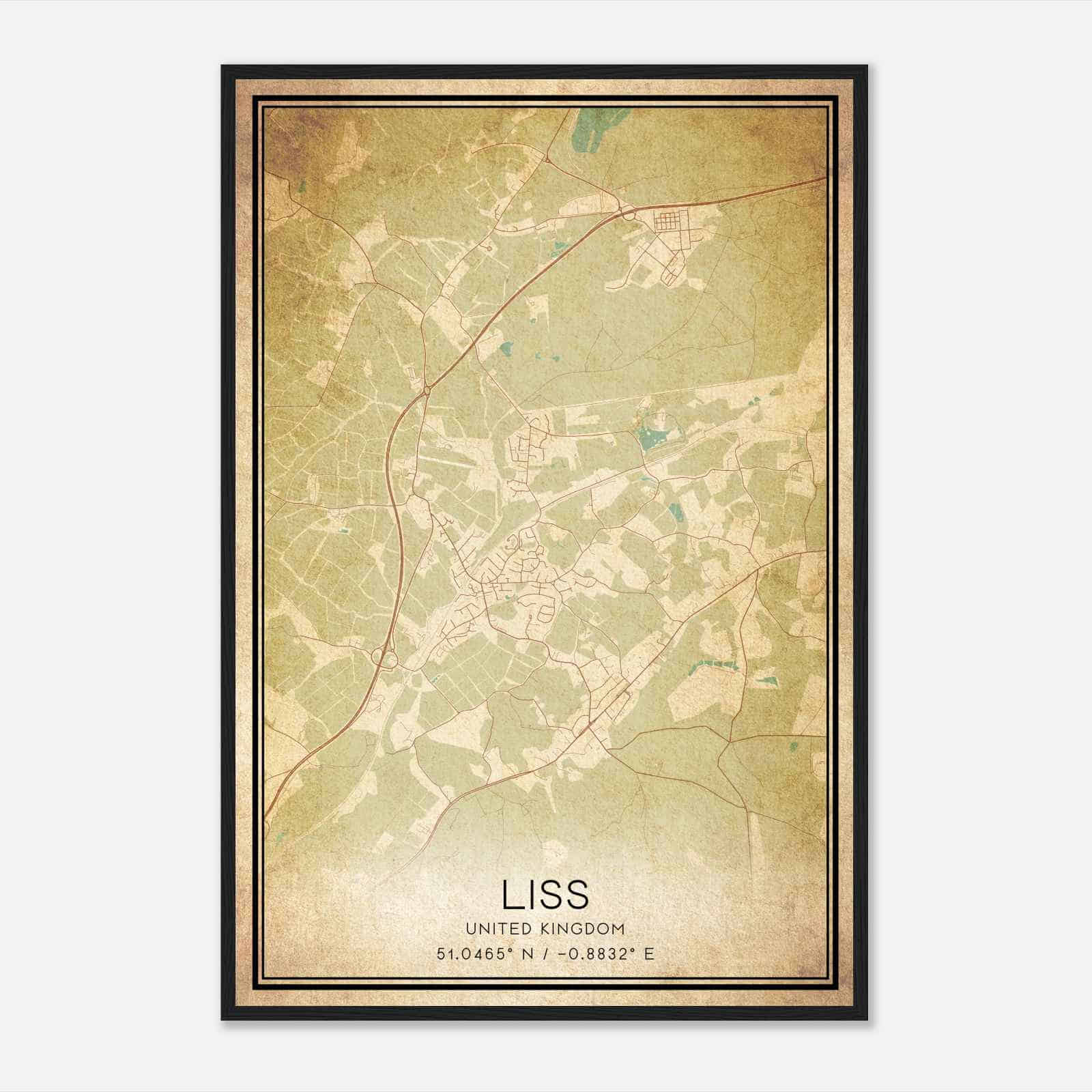 Vintage Liss United Kingdom Map Poster, Liss City Road Wall Art Print