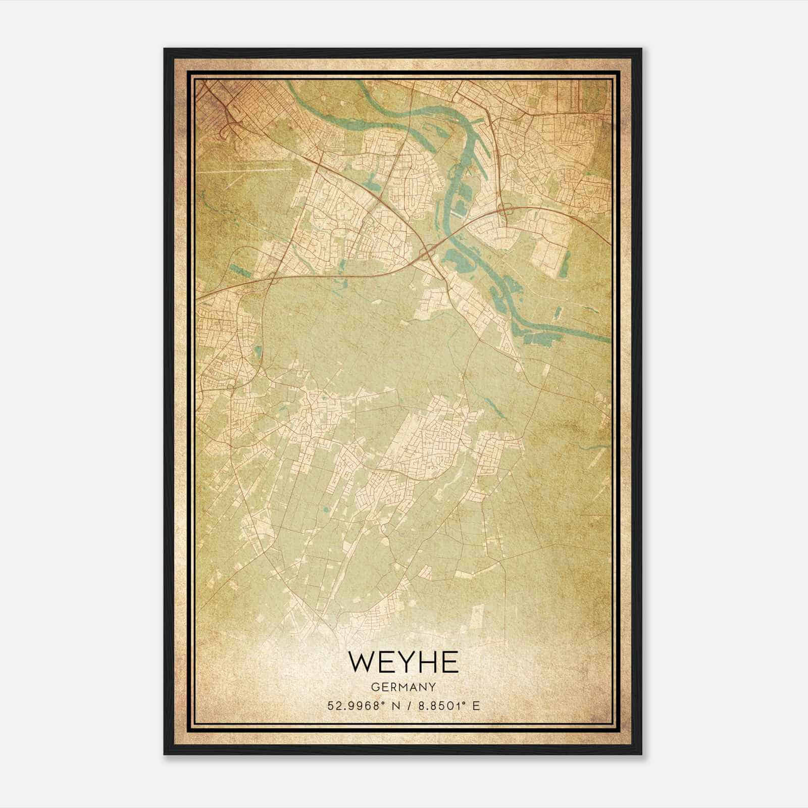 Vintage Weyhe Germany Map Poster, Weyhe City Road Wall Art Print