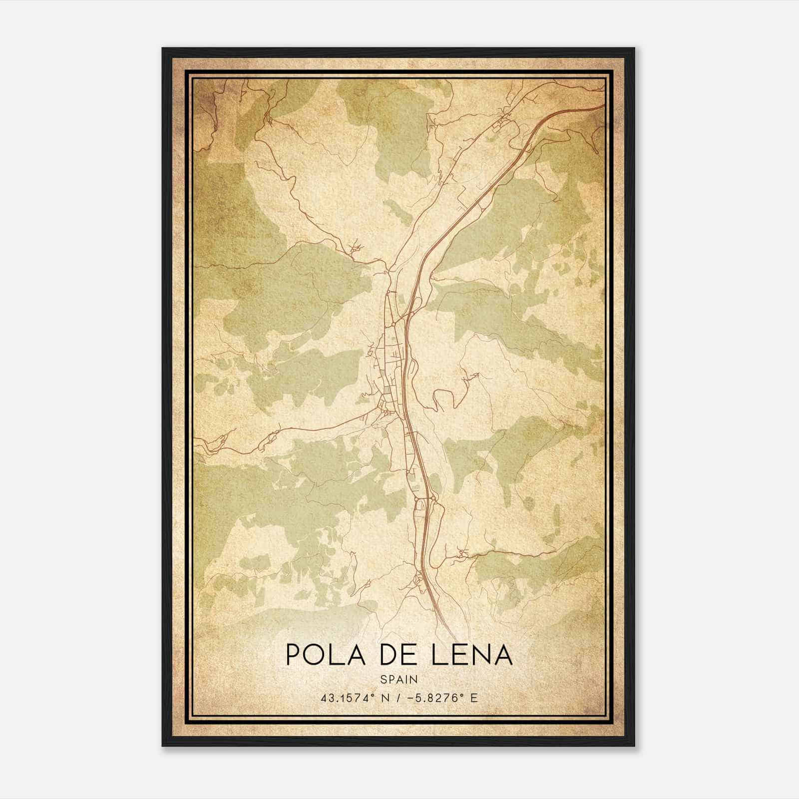 Vintage Pola de Lena Spain Map Poster, Pola de Lena City Road Wall Art Print