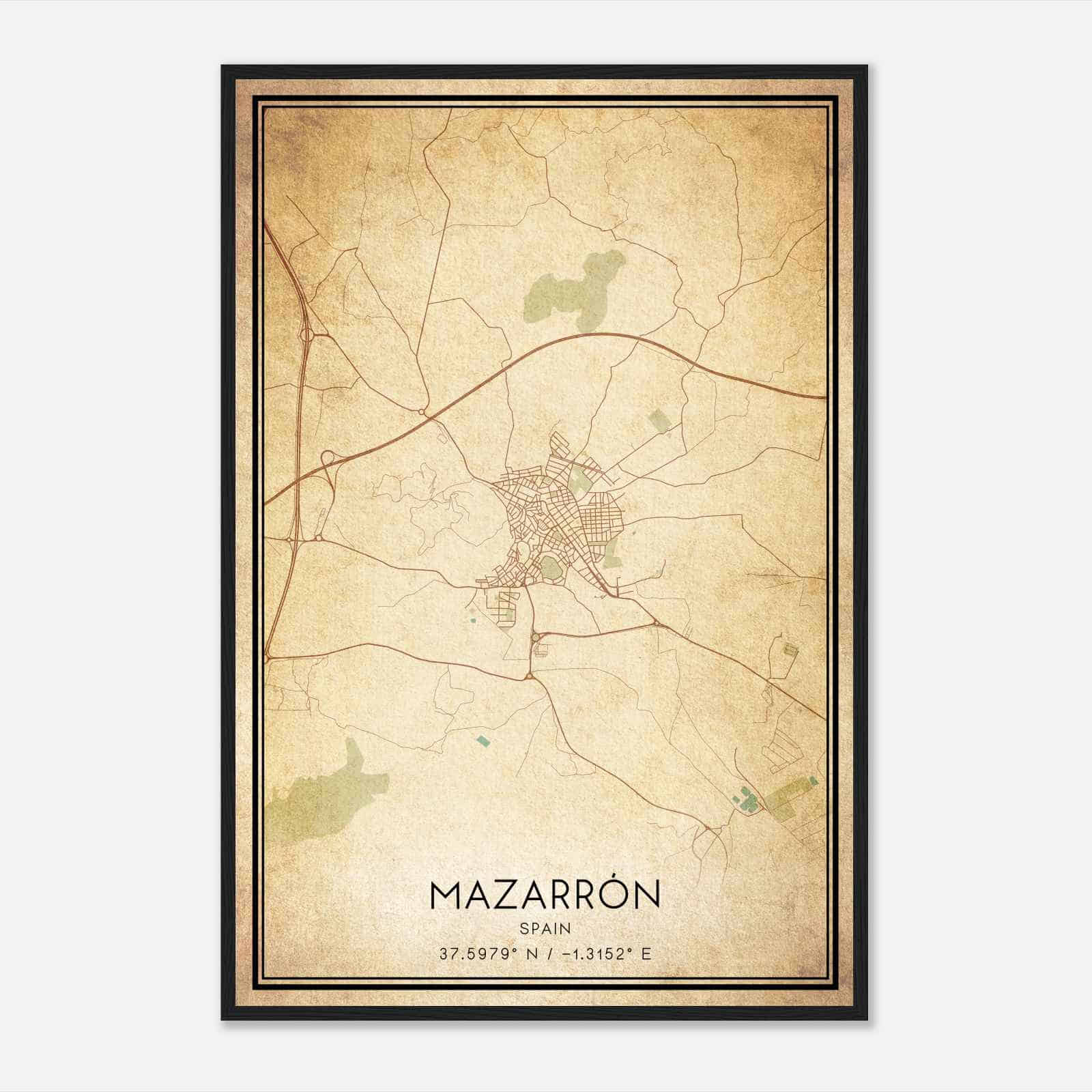 Vintage Mazarron Spain Map Poster, Mazarron City Road Wall Art Print