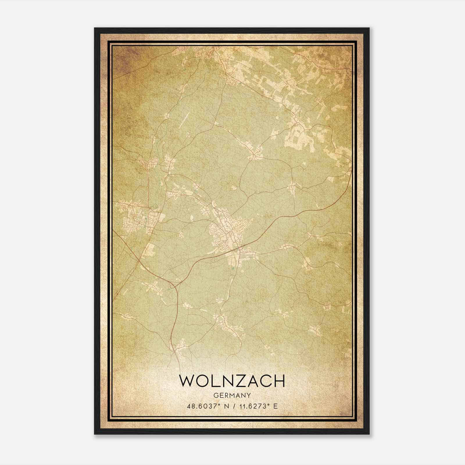 Vintage Wolnzach Germany Map Poster, Wolnzach City Road Wall Art Print