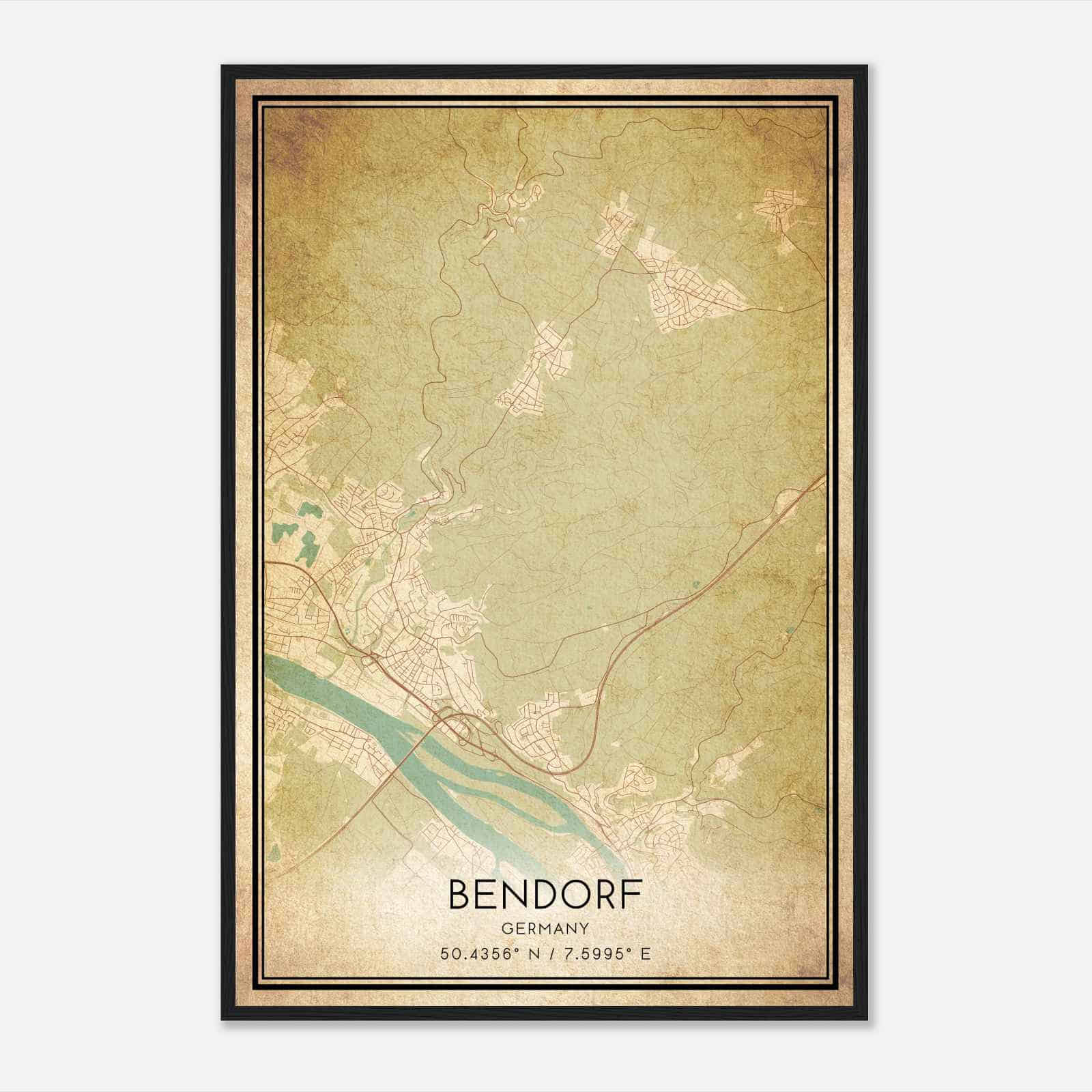 Vintage Bendorf Germany Map Poster, Bendorf City Road Wall Art Print