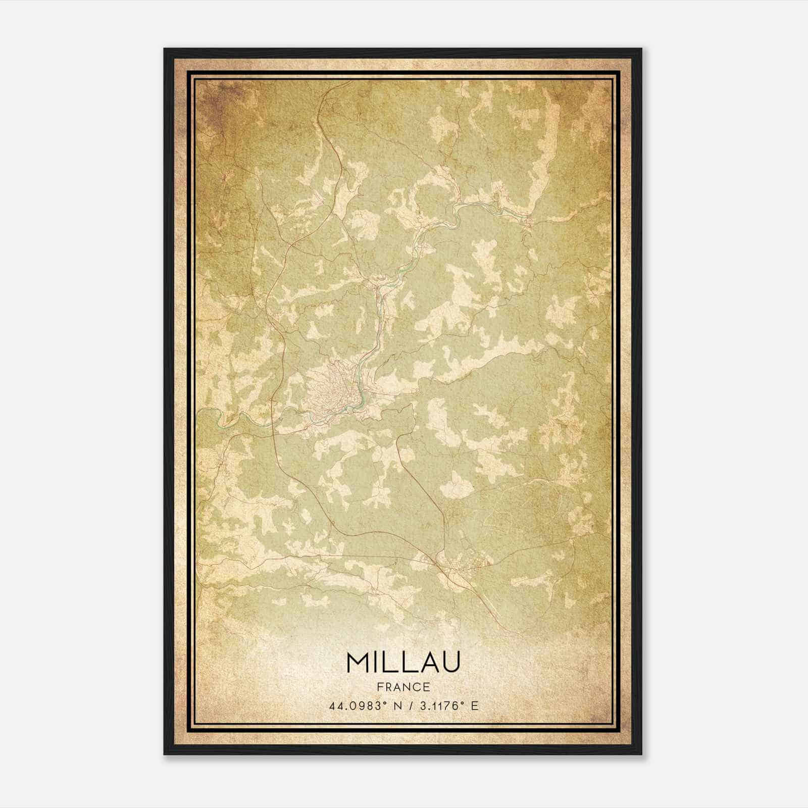 Vintage Millau France Map Poster, Millau City Road Wall Art Print
