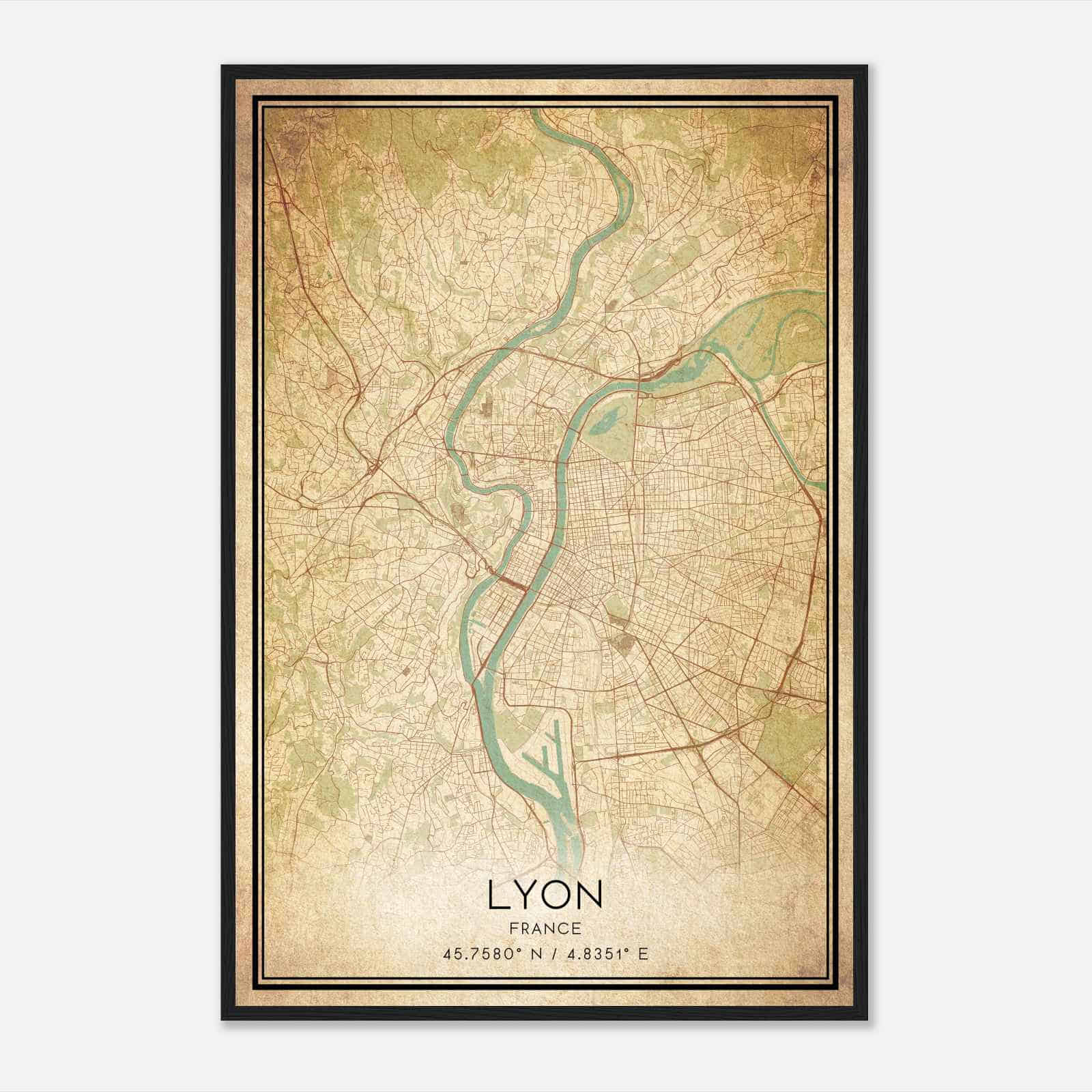 Vintage Lyon France Map Poster, Lyon City Road Wall Art Print