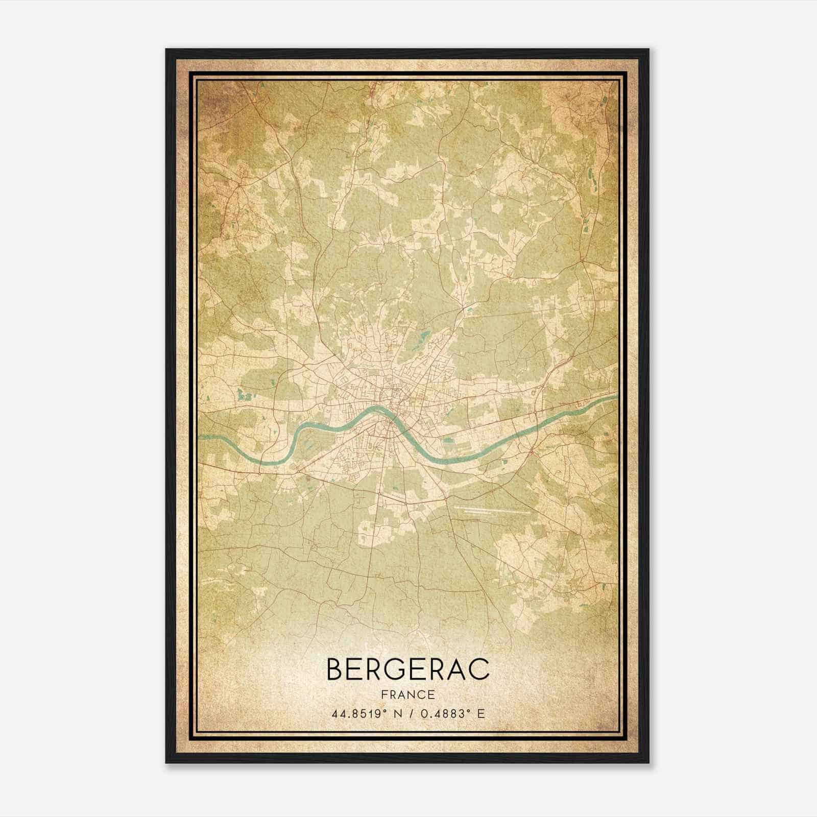 Vintage Bergerac France Map Poster, Bergerac City Road Wall Art Print