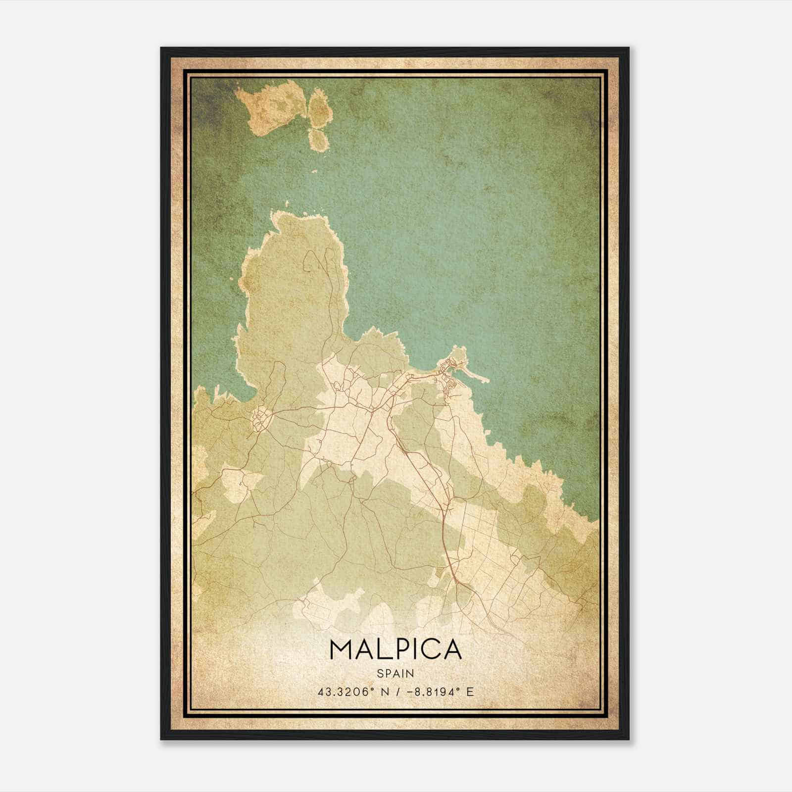 Vintage Malpica Spain Map Poster, Malpica City Road Wall Art Print